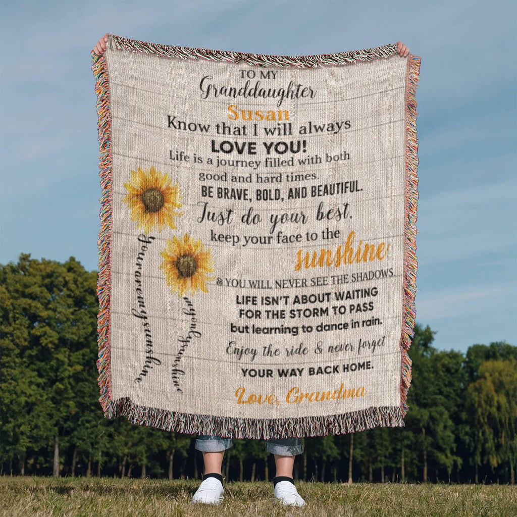 Personalized Sunflower Woven Blanket – Heirloom Gift for Granddaughter or Daughter Custom Name & Signature • Inspirational Keepsake Throw