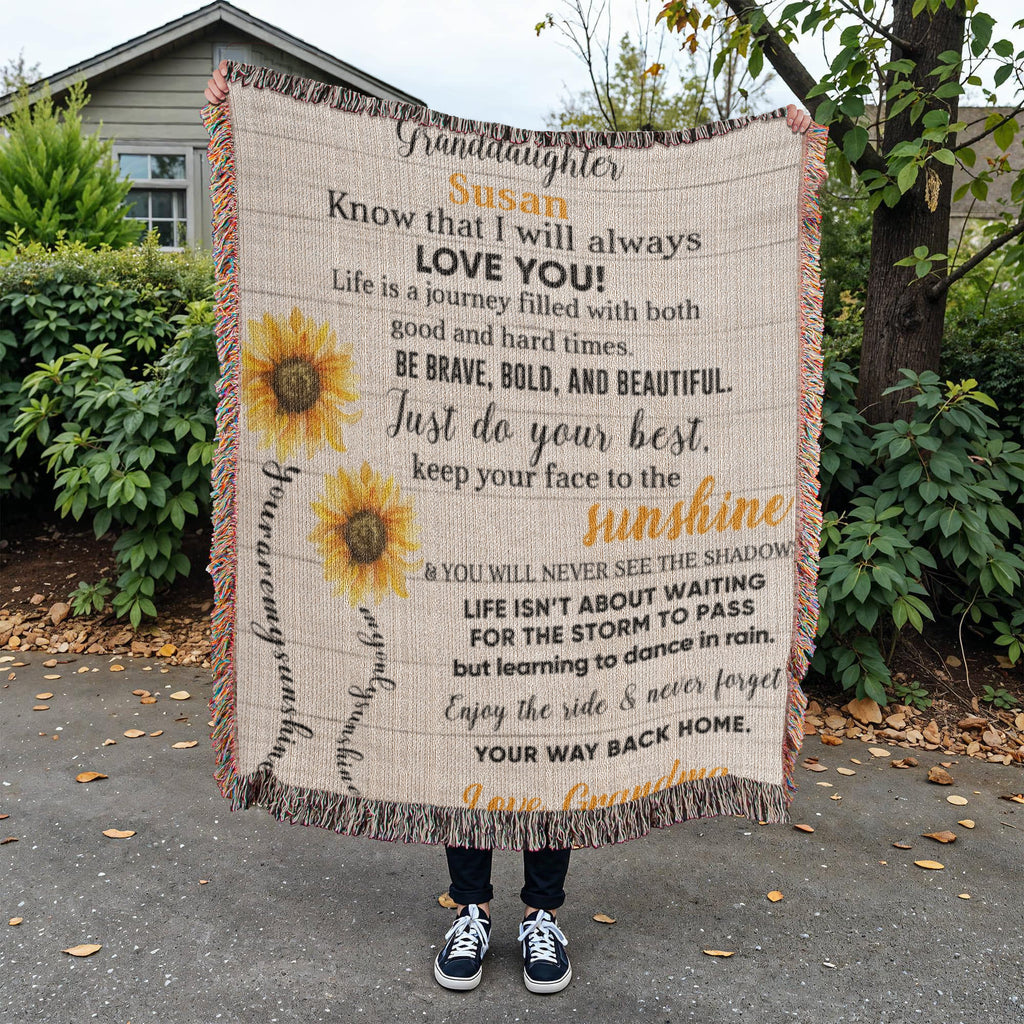 Personalized Sunflower Woven Blanket – Heirloom Gift for Granddaughter or Daughter Custom Name & Signature • Inspirational Keepsake Throw