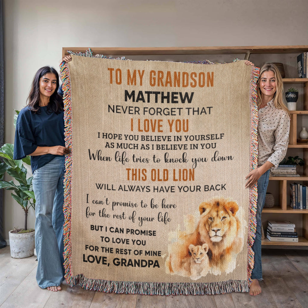 Personalized Grandson Lion Woven Blanket – Heirloom Throw from Grandma or Grandpa • Custom Name & Signature • This Old Lion Has Your Back Keepsake Gift