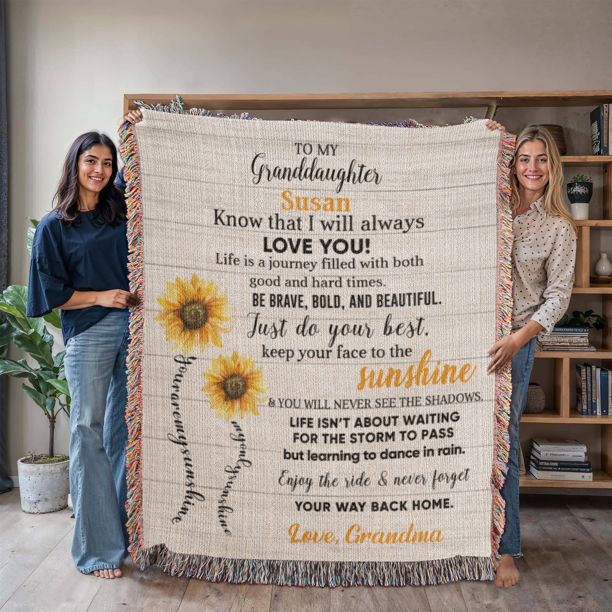 Personalized Sunflower Woven Blanket – Heirloom Gift for Granddaughter or Daughter Custom Name & Signature • Inspirational Keepsake Throw