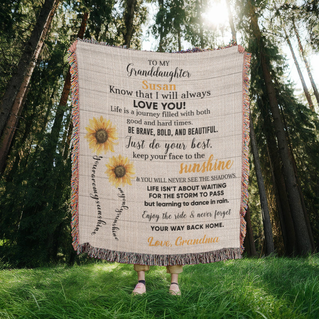 Personalized Sunflower Woven Blanket – Heirloom Gift for Granddaughter or Daughter Custom Name & Signature • Inspirational Keepsake Throw