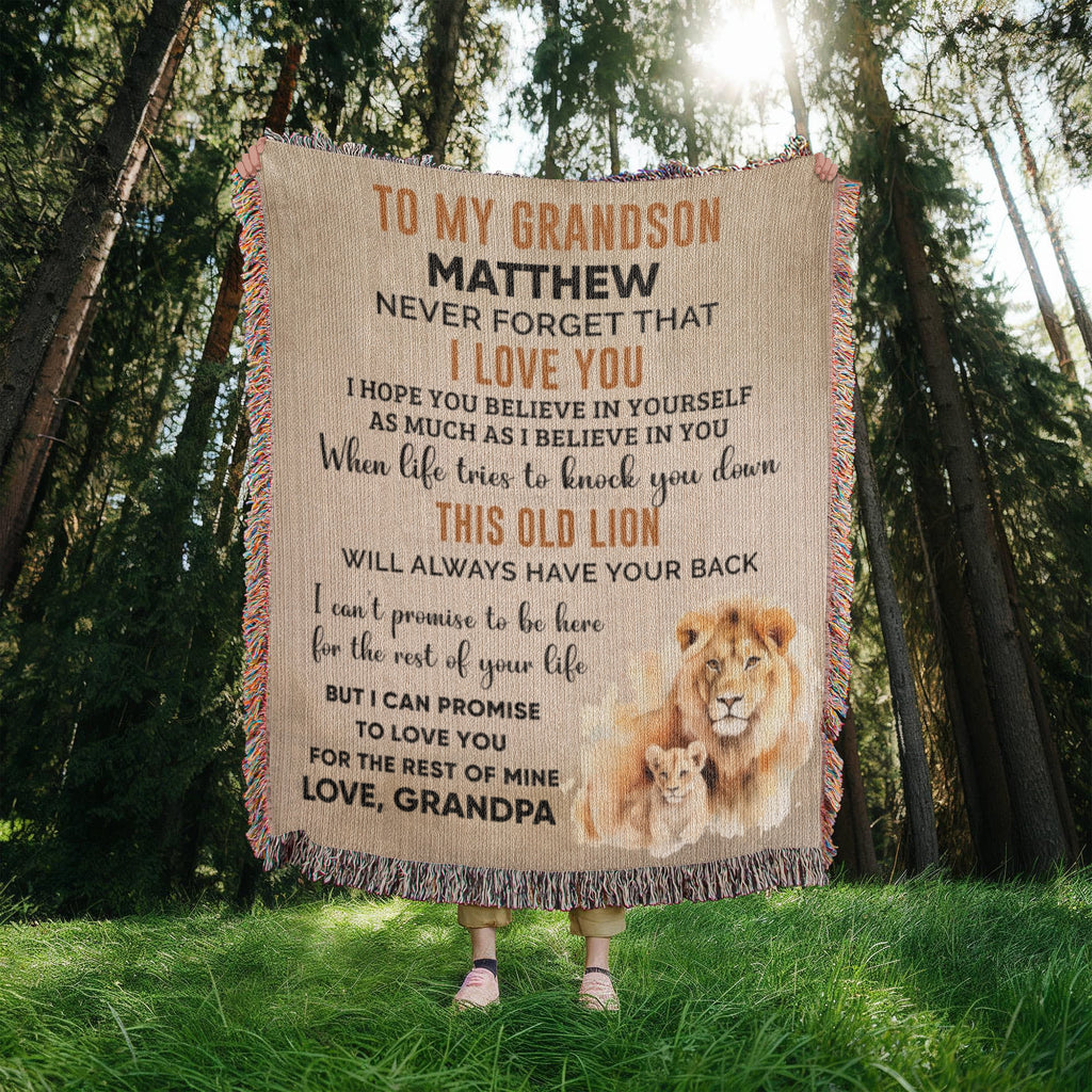 Personalized Grandson Lion Woven Blanket – Heirloom Throw from Grandma or Grandpa • Custom Name & Signature • This Old Lion Has Your Back Keepsake Gift