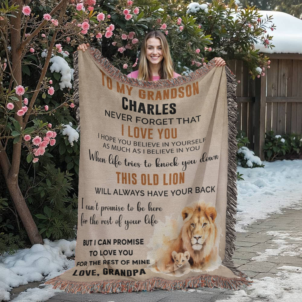 Personalized Grandson Lion Woven Blanket – Heirloom Throw from Grandma or Grandpa • Custom Name & Signature • This Old Lion Has Your Back Keepsake Gift