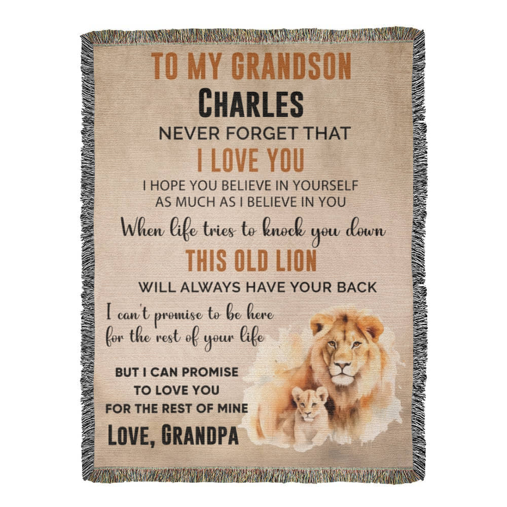 Personalized Grandson Lion Woven Blanket – Heirloom Throw from Grandma or Grandpa • Custom Name & Signature • This Old Lion Has Your Back Keepsake Gift