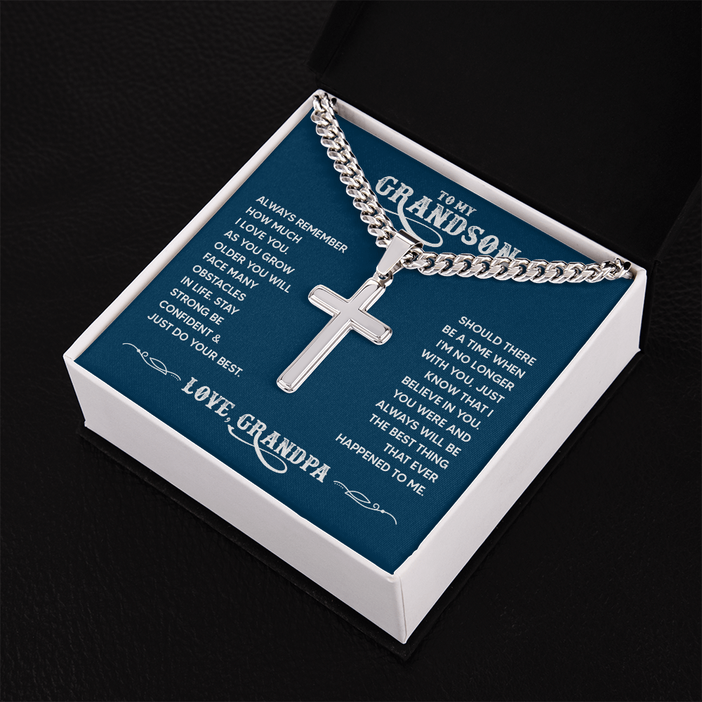 To My Grandson Personalized Cross Necklace – From Grandpa, Faith-Based Gift of Love, Strength & Belief
