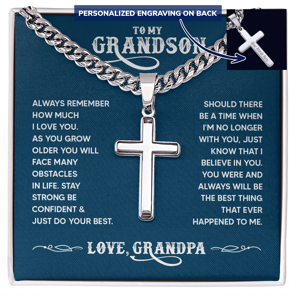 To My Grandson Personalized Cross Necklace – From Grandpa, Faith-Based Gift of Love, Strength & Belief