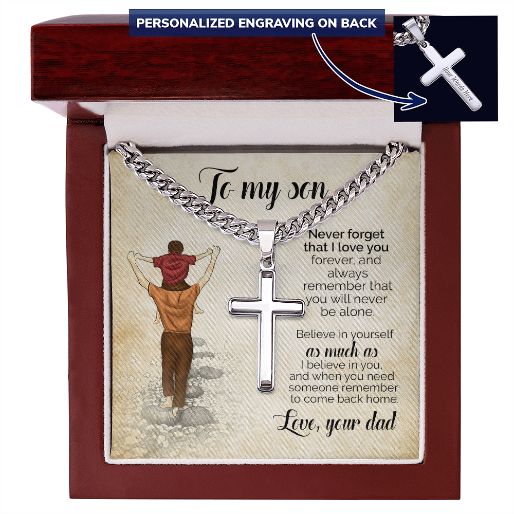To My Son Cross Necklace from Dad – Personalized Engraved Christian Necklace Gift, Faith Jewelry for Son