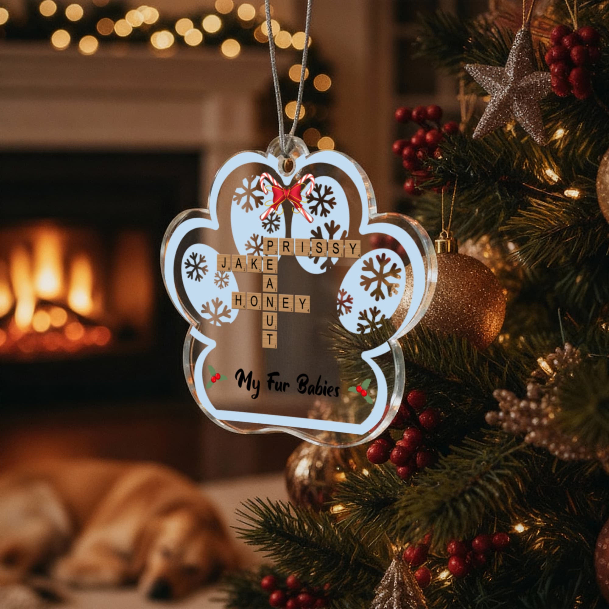 Pet Personalized Name Crossword Puzzle Acrylic Pawprint Ornament