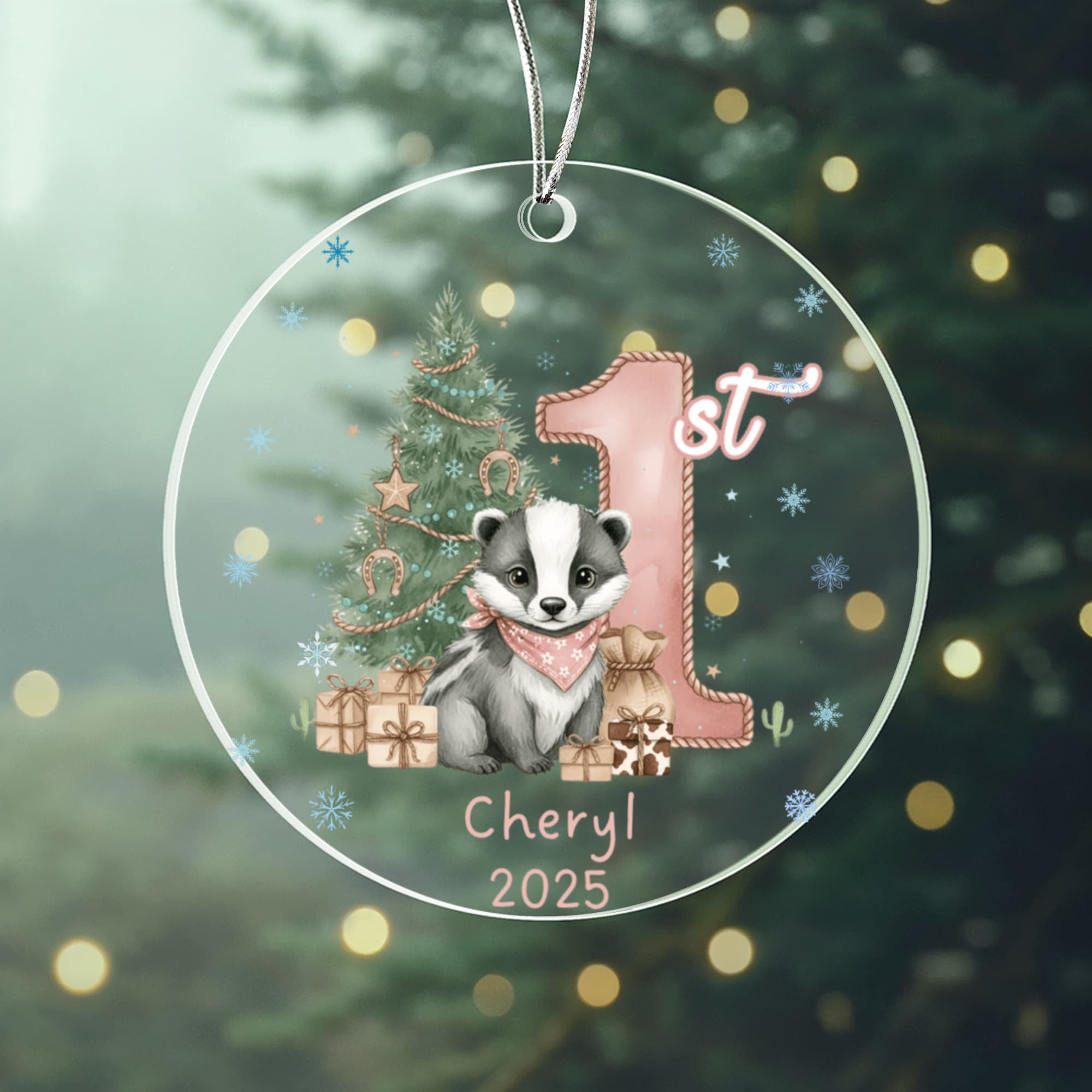Baby Girl First Christmas Badger Acrylic Ornament