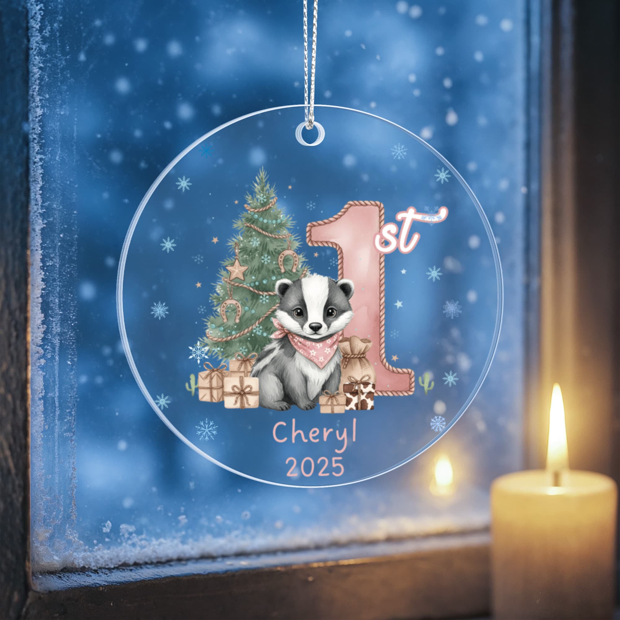 Baby Girl First Christmas Badger Acrylic Ornament