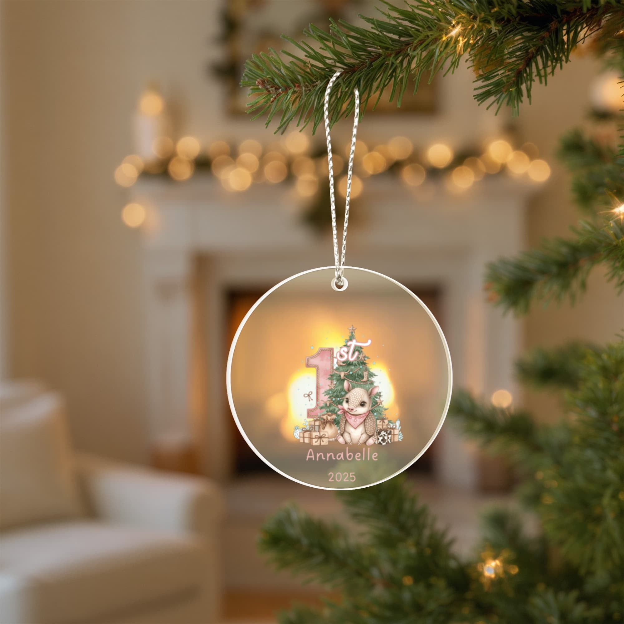 My First Christmas - Baby Girl Armadillo Western Theme Acrylic Ornament