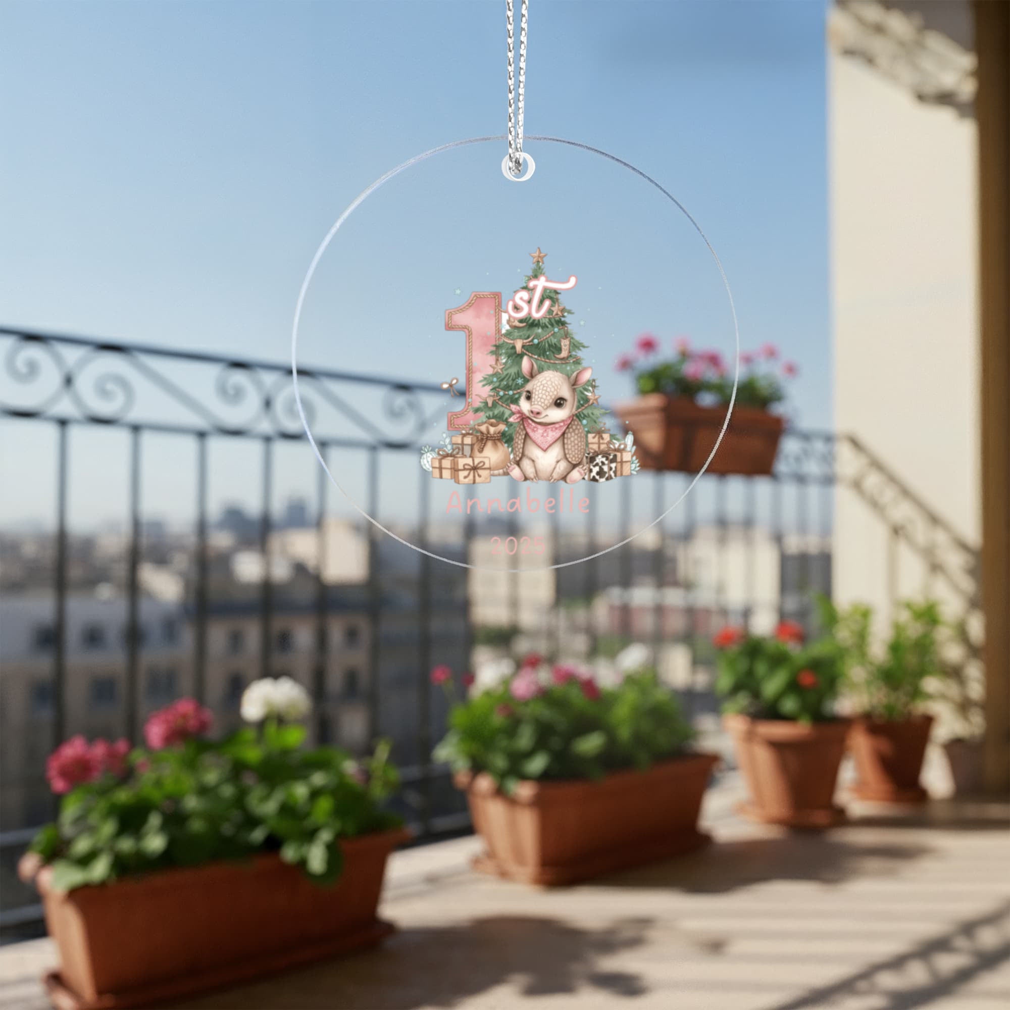 My First Christmas - Baby Girl Armadillo Western Theme Acrylic Ornament