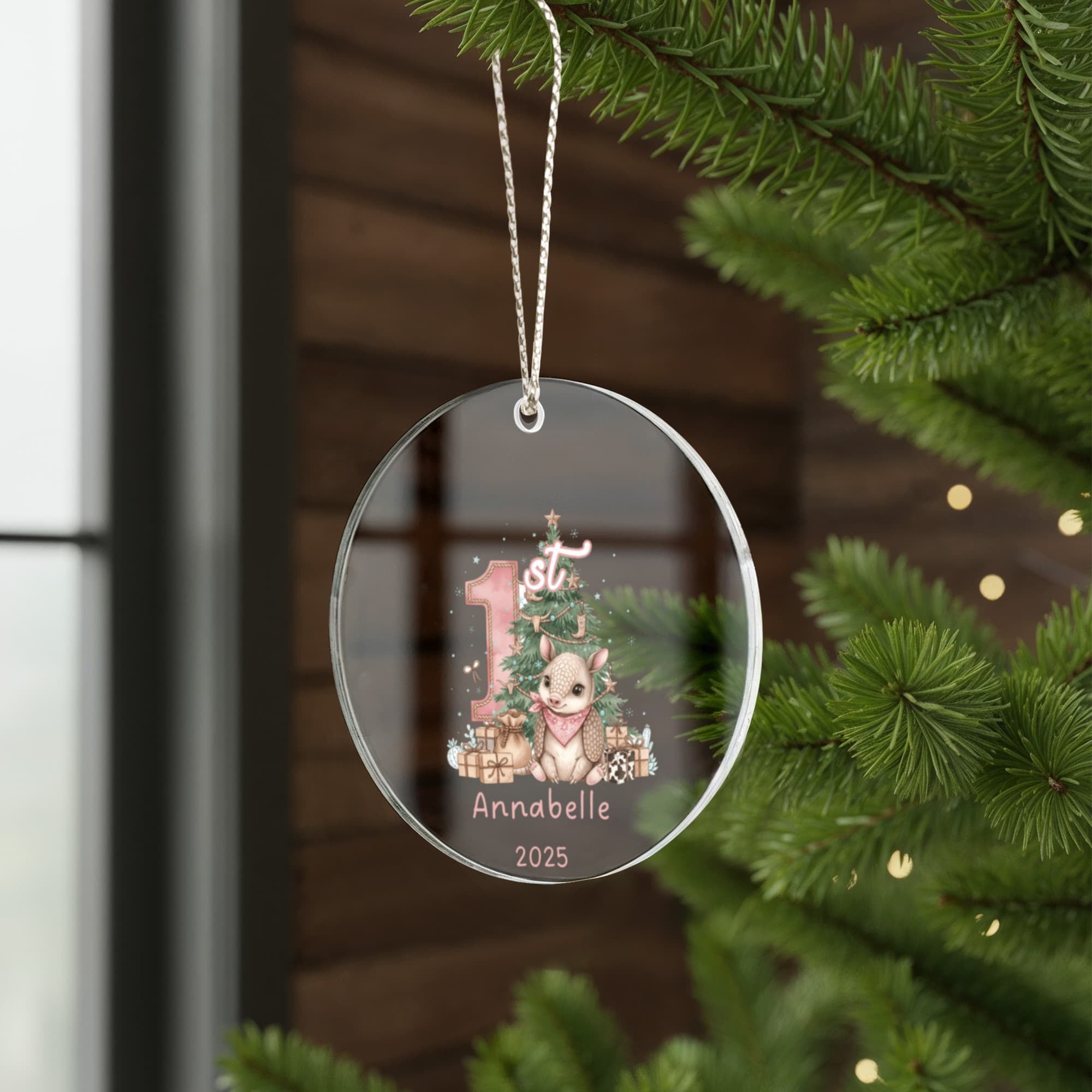 My First Christmas - Baby Girl Armadillo Western Theme Acrylic Ornament