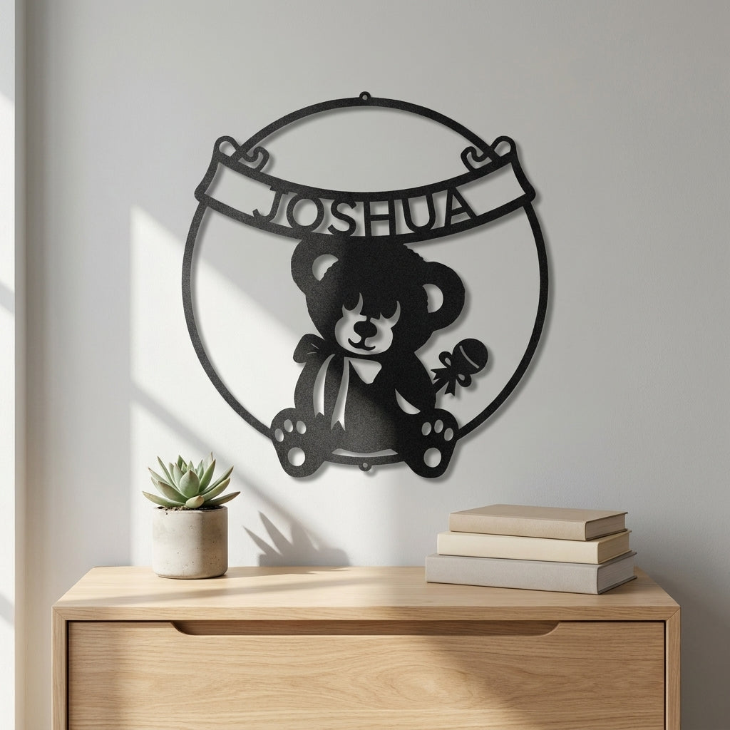 Personalized Baby Name Teddy Bear Metal Wall Art – Custom Nursery Name Sign – Laser Cut Steel Baby Room Decor – Baby Shower Gift