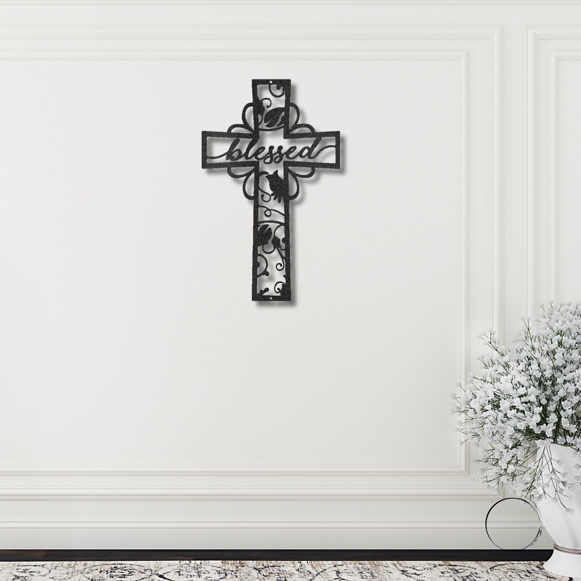 Blessed Cross Metal Wall Art – Christian Floral Cross Decor – Inspirational Faith Steel Sign – Religious Wall Decor