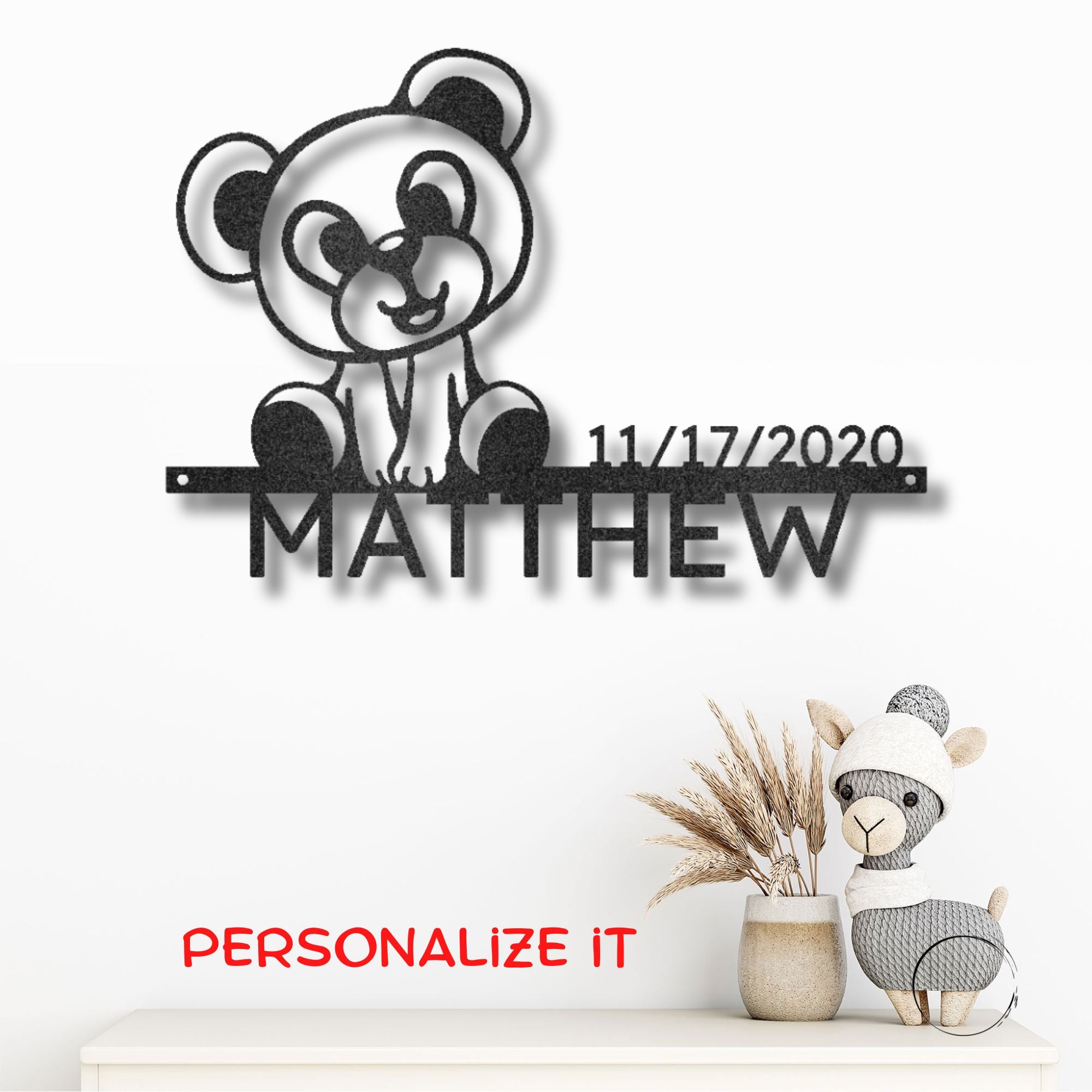 Personalized Teddy Bear Nursery Metal Wall Art – Custom Baby Name Sign with Birth Date – Nursery Decor – Baby Shower Gift