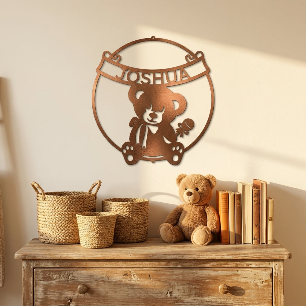 Personalized Baby Name Teddy Bear Metal Wall Art – Custom Nursery Name Sign – Laser Cut Steel Baby Room Decor – Baby Shower Gift
