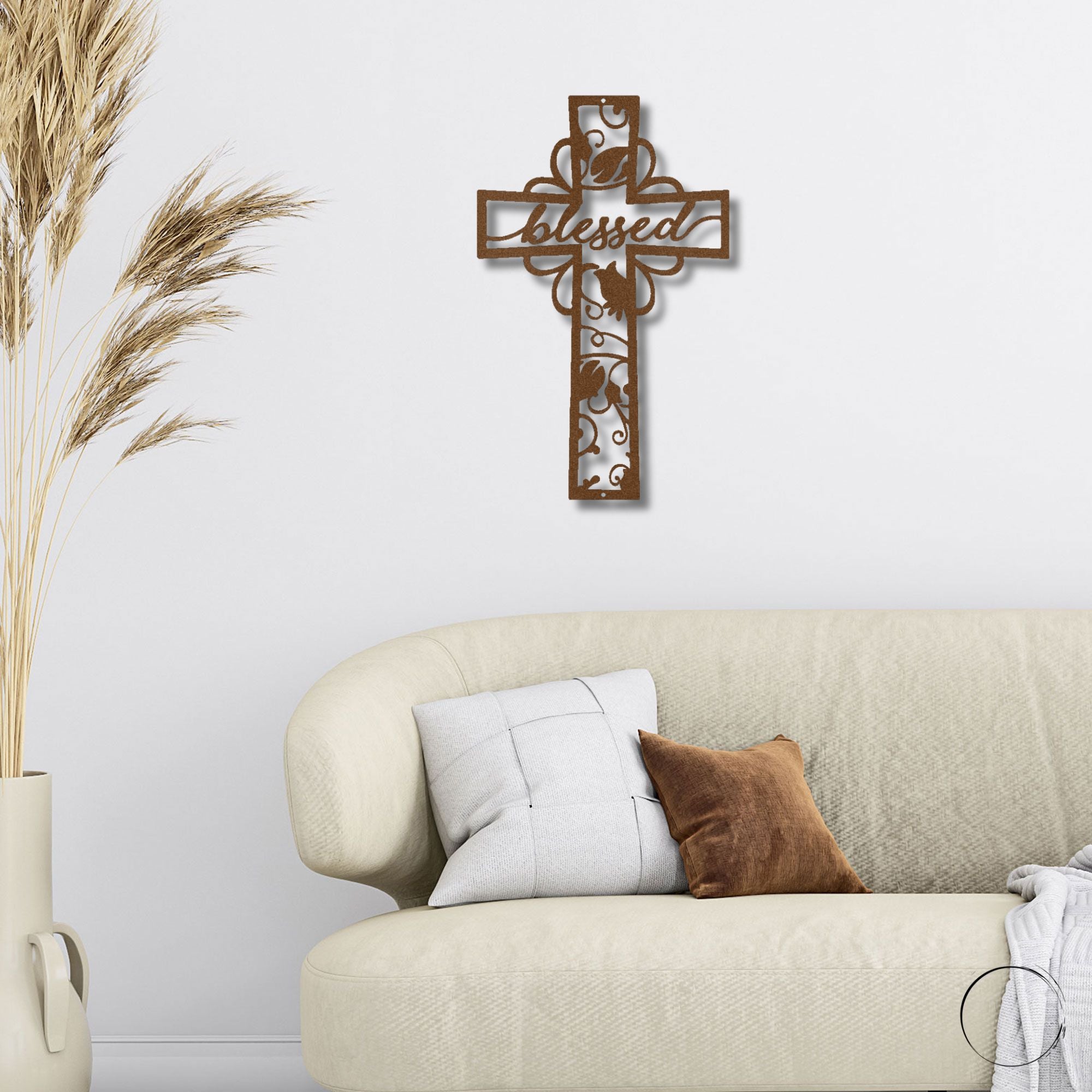 Blessed Cross Metal Wall Art – Christian Floral Cross Decor – Inspirational Faith Steel Sign – Religious Wall Decor