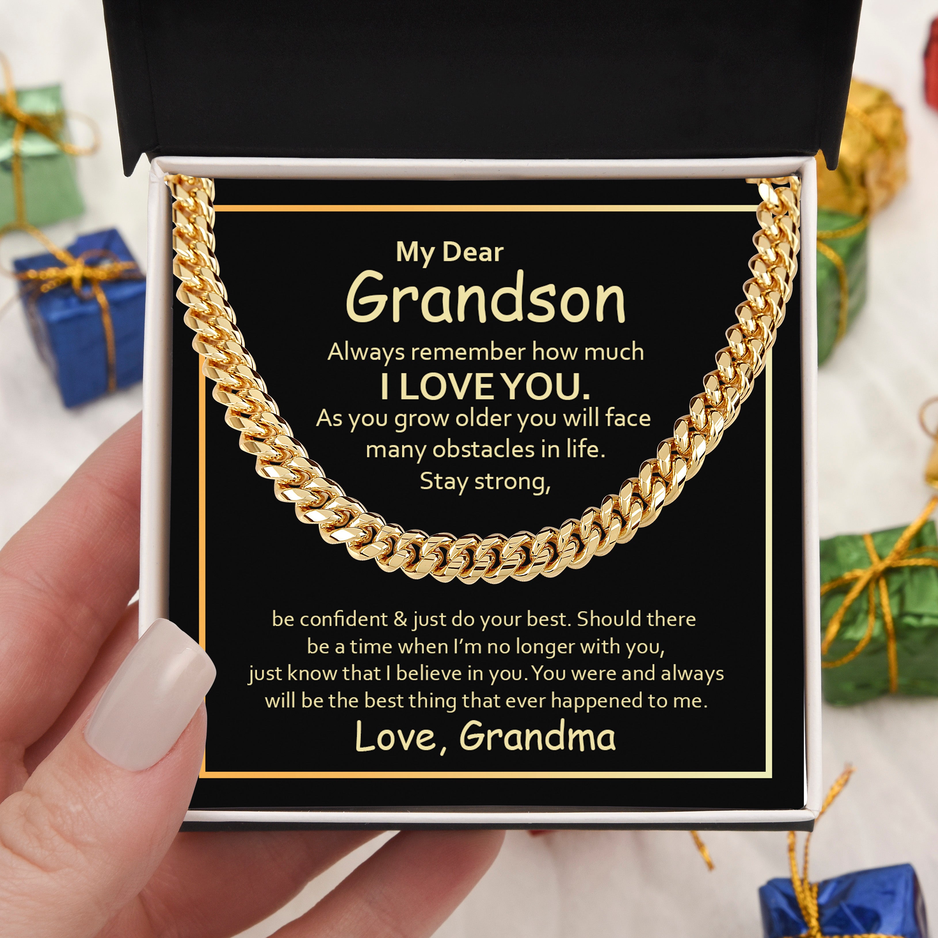My Dear Grandson Cuban Chain Necklace – Meaningful Gift from Grandma, Strength & Love Message Card
