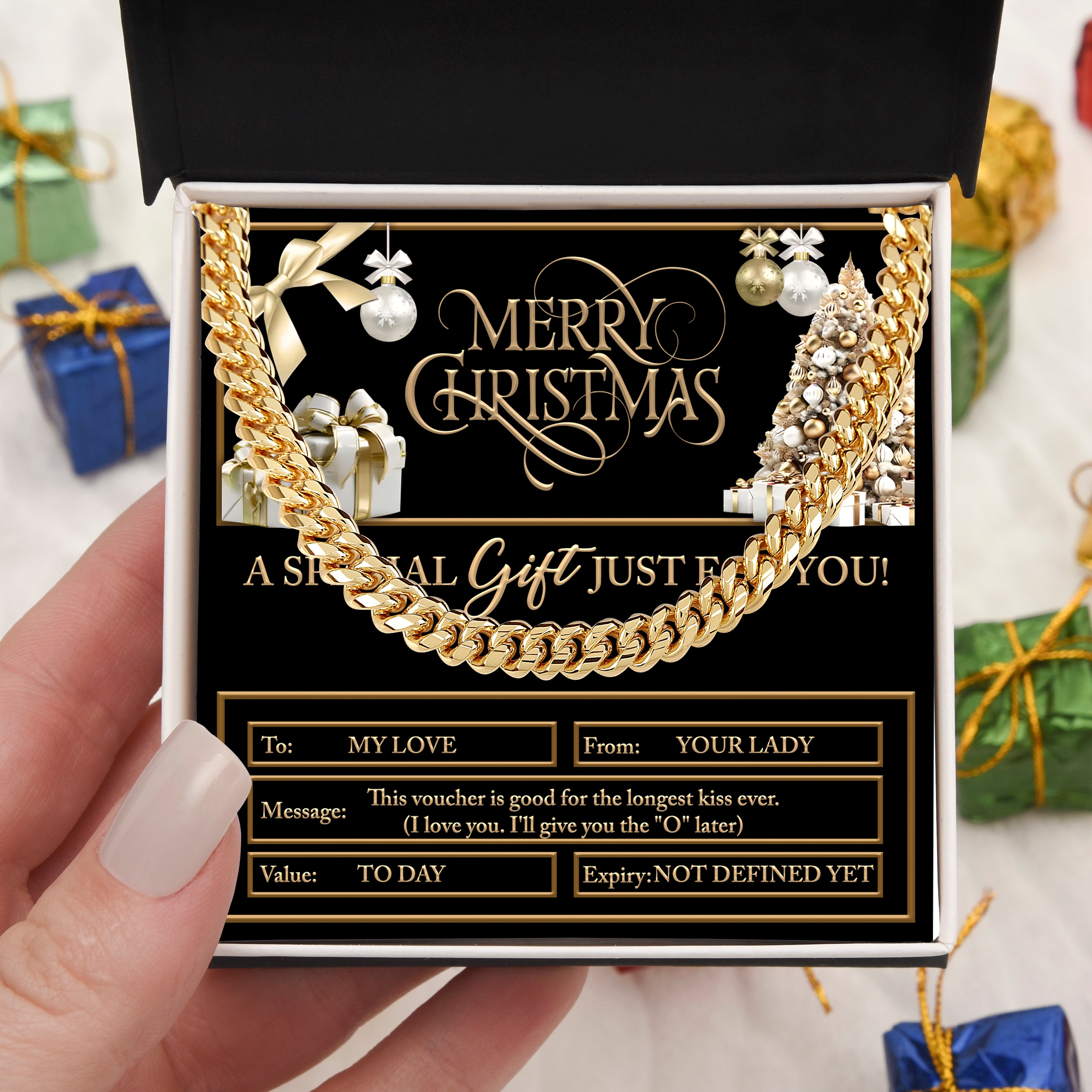 Merry Christmas Cuban Chain Necklace – Funny Romantic Voucher Gift for Him