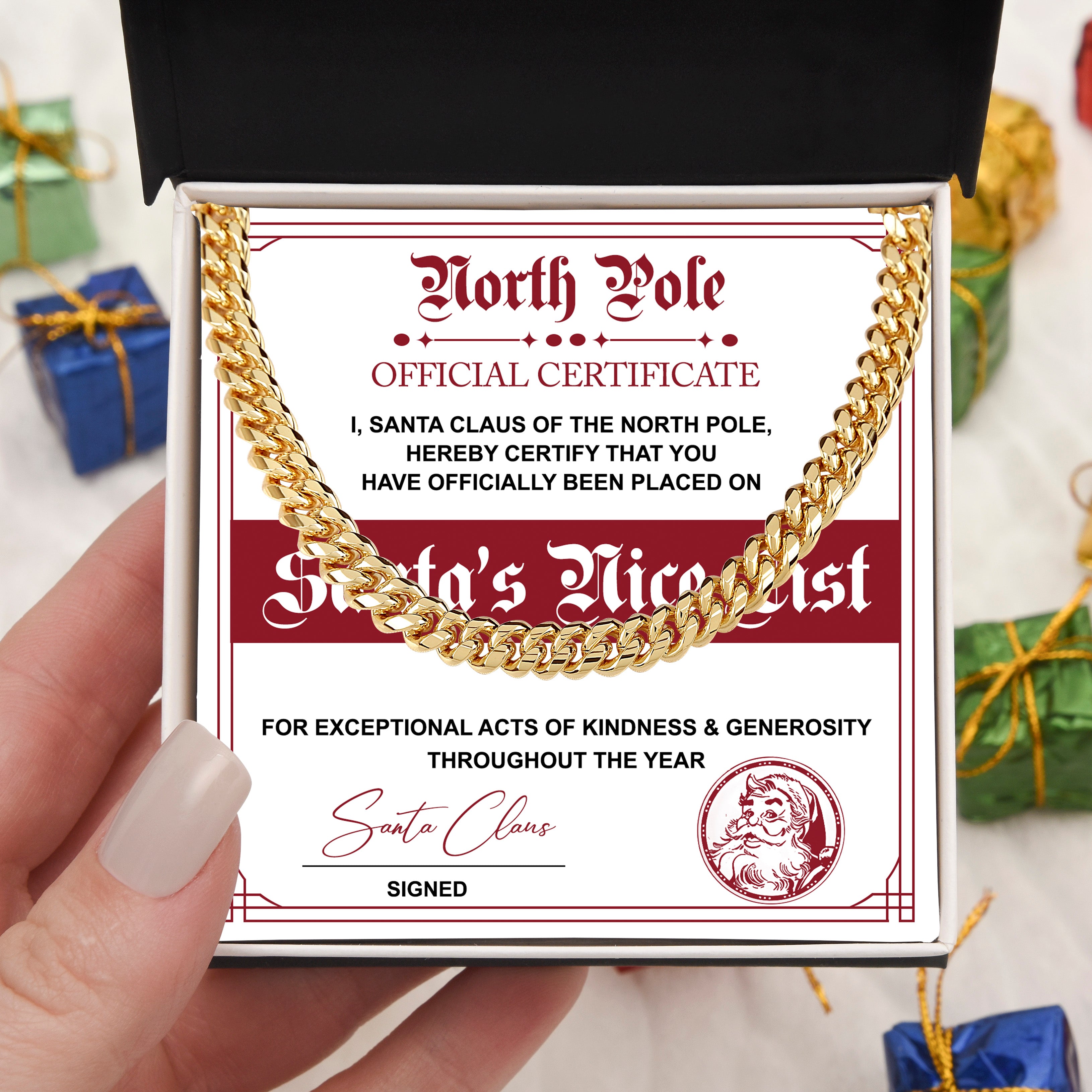 Santa's Nice List Cuban Chain Necklace – Fun Christmas Gift with Official North Pole Certificate