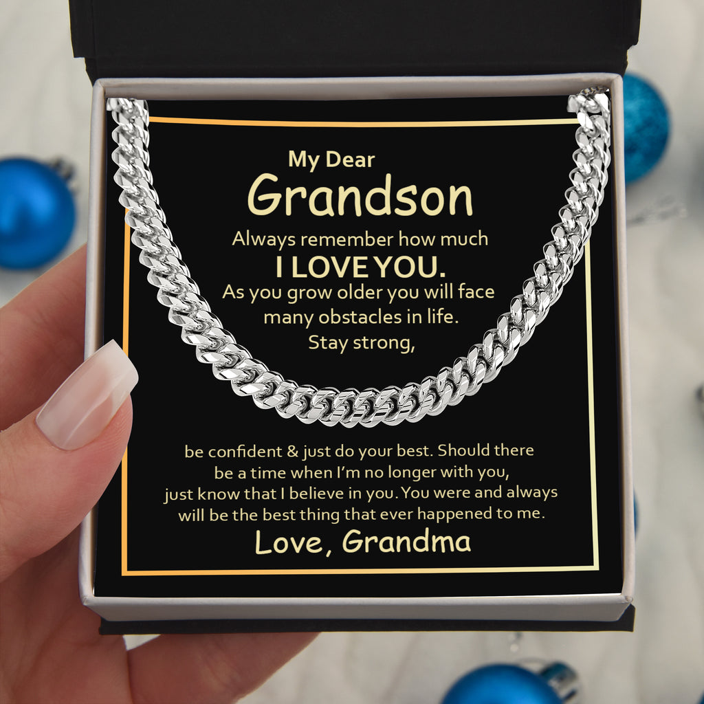 My Dear Grandson Cuban Chain Necklace – Meaningful Gift from Grandma, Strength & Love Message Card