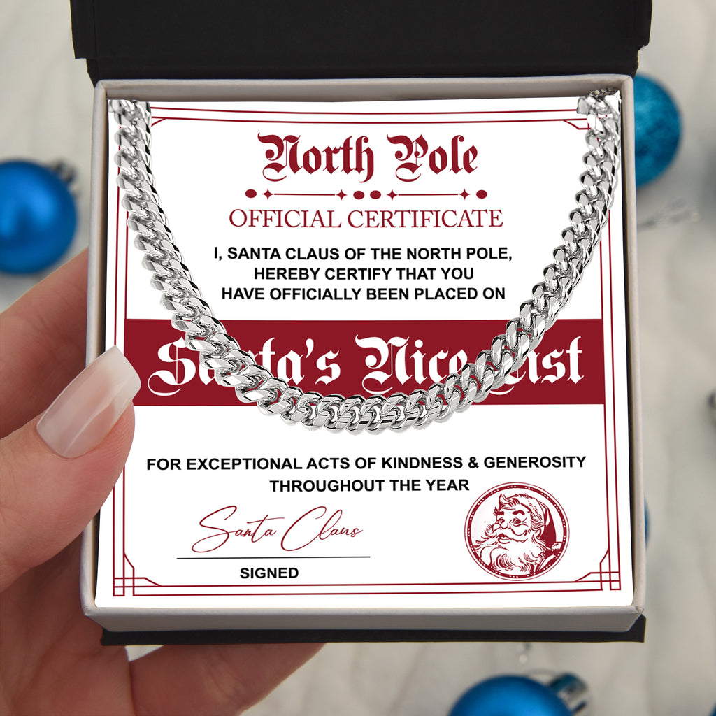 Santa's Nice List Cuban Chain Necklace – Fun Christmas Gift with Official North Pole Certificate