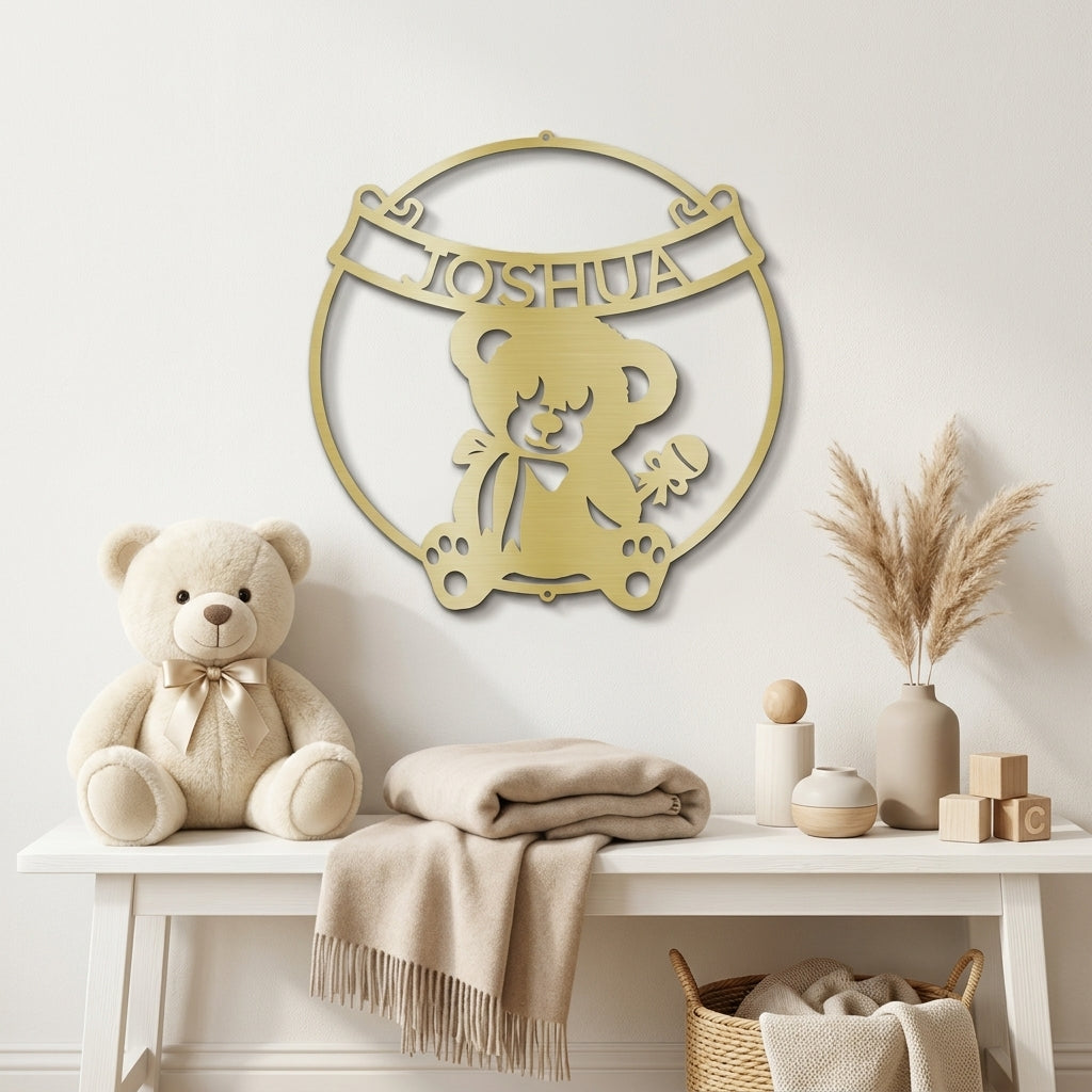 Personalized Baby Name Teddy Bear Metal Wall Art – Custom Nursery Name Sign – Laser Cut Steel Baby Room Decor – Baby Shower Gift