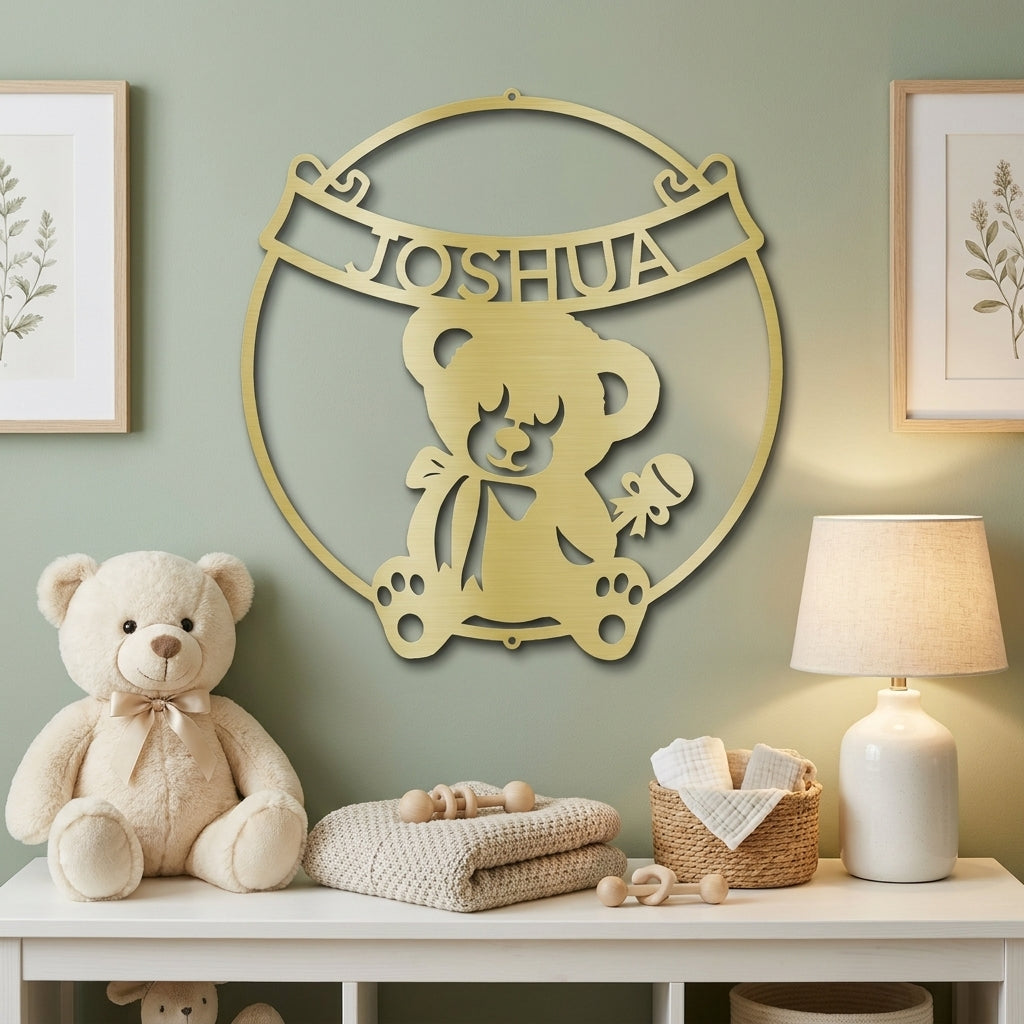 Personalized Baby Name Teddy Bear Metal Wall Art – Custom Nursery Name Sign – Laser Cut Steel Baby Room Decor – Baby Shower Gift