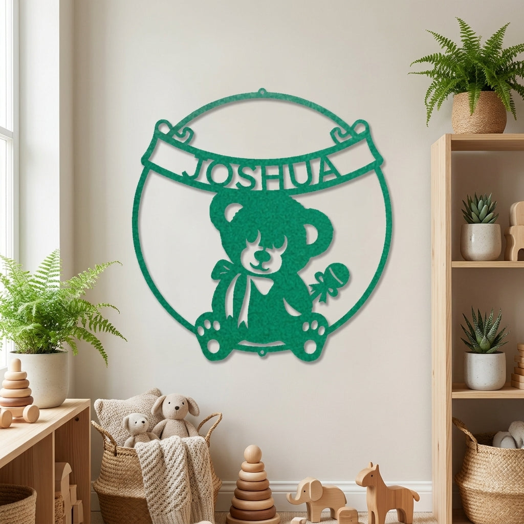 Personalized Baby Name Teddy Bear Metal Wall Art – Custom Nursery Name Sign – Laser Cut Steel Baby Room Decor – Baby Shower Gift