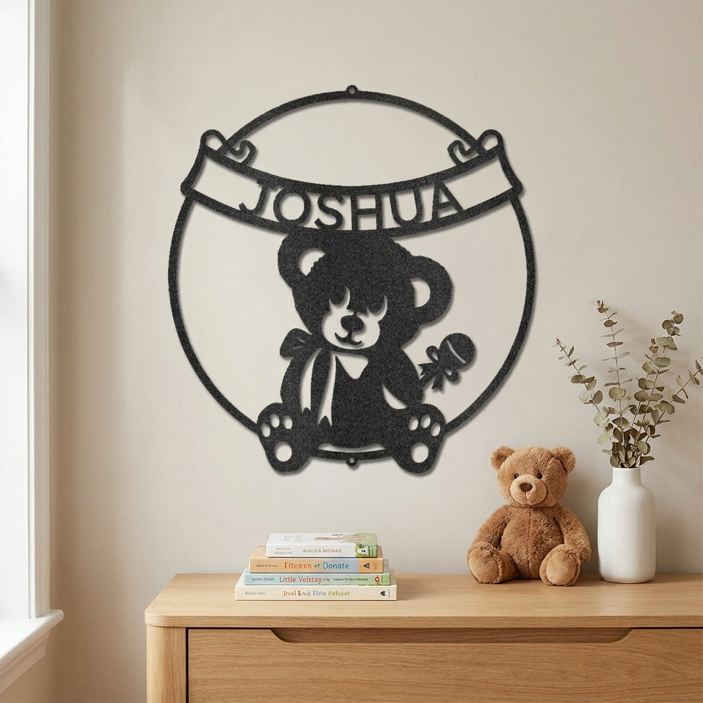 Personalized Baby Name Teddy Bear Metal Wall Art – Custom Nursery Name Sign – Laser Cut Steel Baby Room Decor – Baby Shower Gift