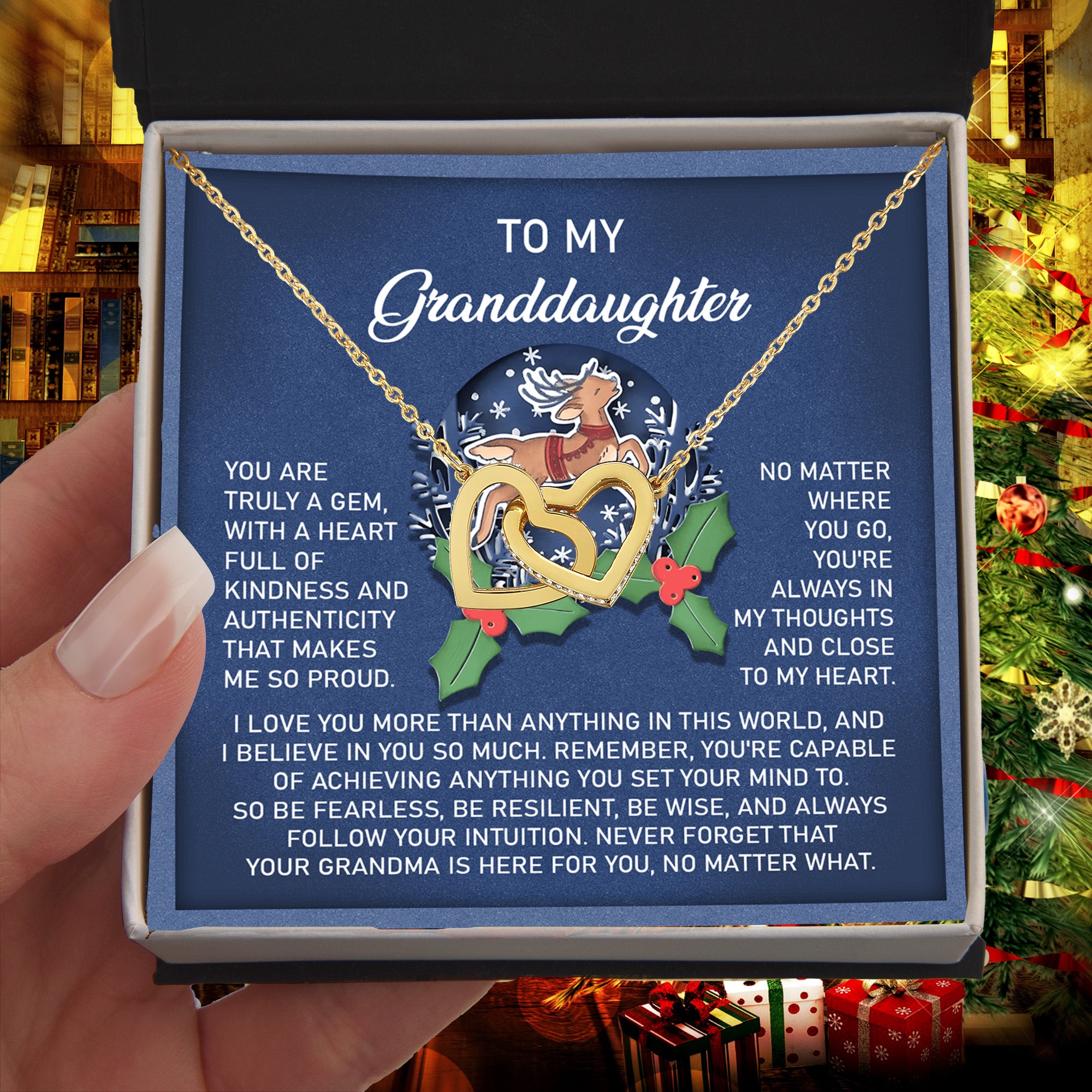 Christmas Granddaughter Interlocking Hearts Necklace – Holiday Gift from Grandma • Inspirational Message Card • Sentimental Keepsake Jewelry