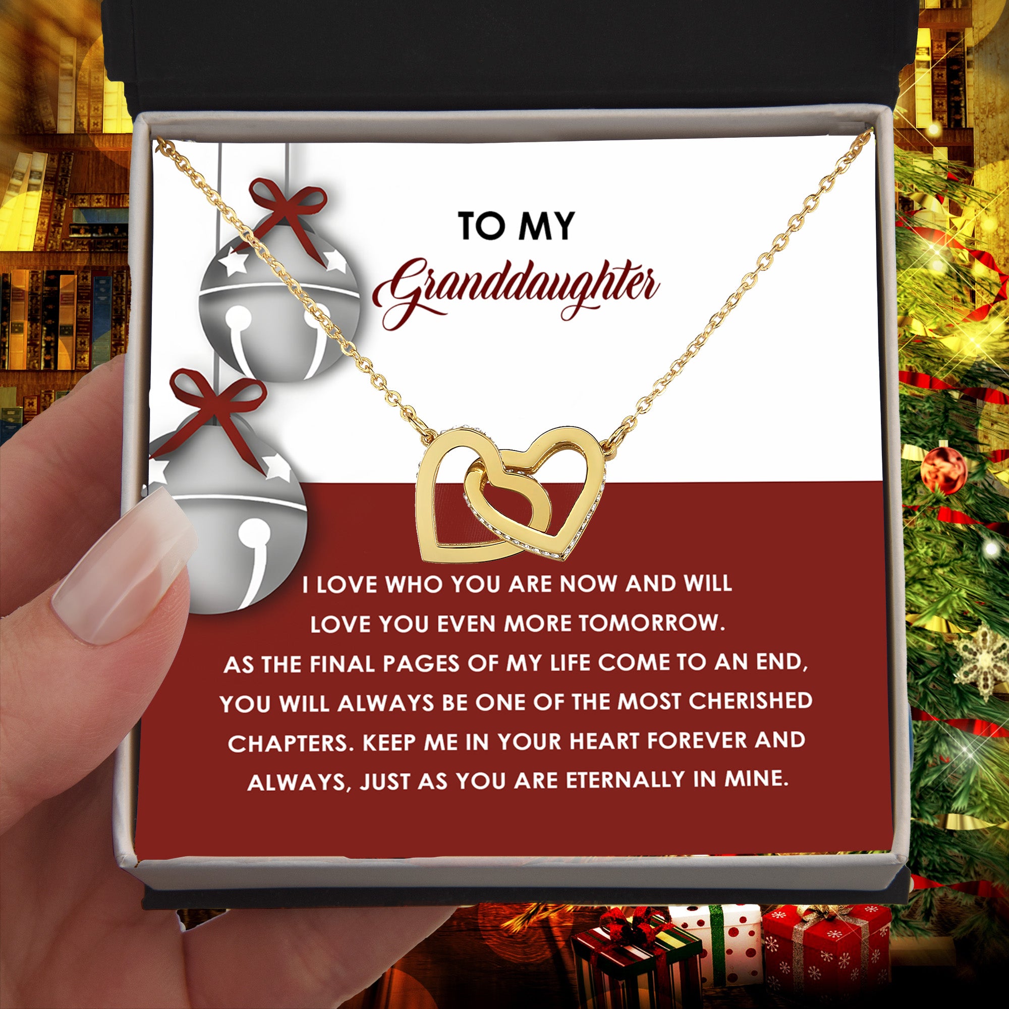 Granddaughter Christmas Interlocking Hearts Necklace – Emotional Holiday Gift from Grandma or Grandpa • Sentimental Message Card • Keepsake Jewelry