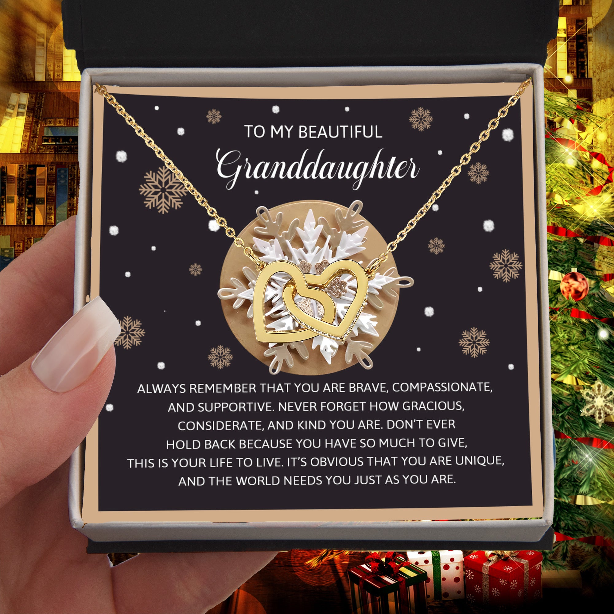 To My Beautiful Granddaughter Interlocking Hearts Necklace – Inspirational Granddaughter Gift from Grandma – Christmas Snowflake Jewelry Gift for Birthday & Holiday