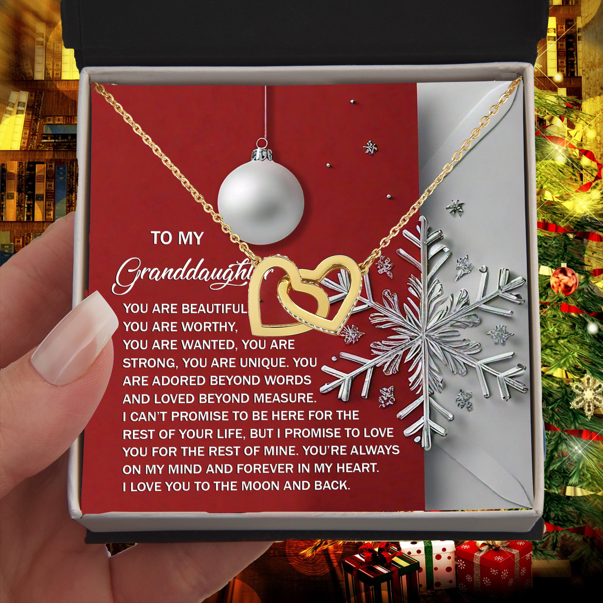 To My Granddaughter Christmas Interlocking Hearts Necklace – Red Ornament Snowflake Gift from Grandma – Holiday Granddaughter Jewelry Gift for Christmas & Winter