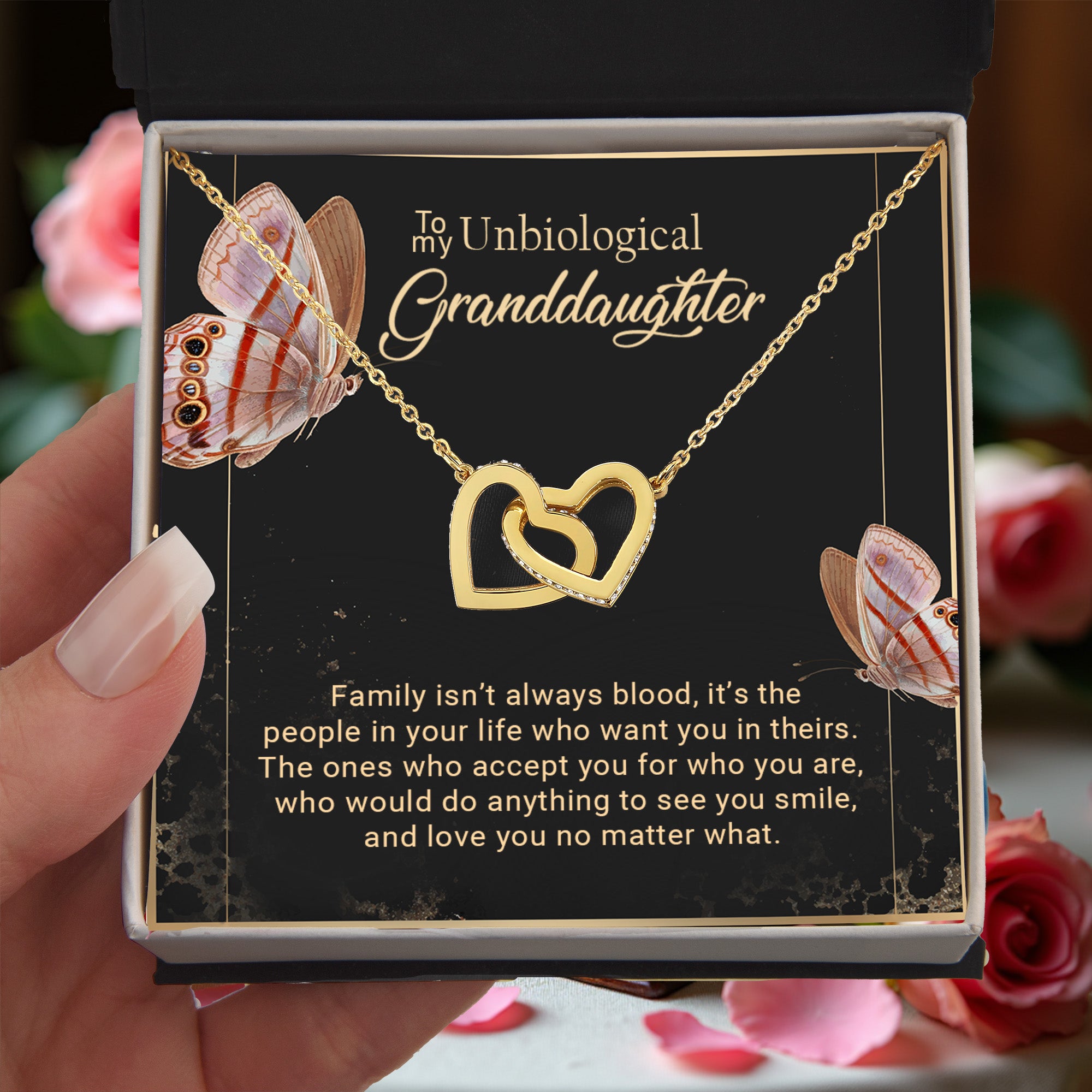 To My Unbiological Granddaughter Interlocking Hearts Necklace – Bonus Granddaughter Gift from Grandma – Blended Family Jewelry Gift for Birthday, Christmas & Just Because