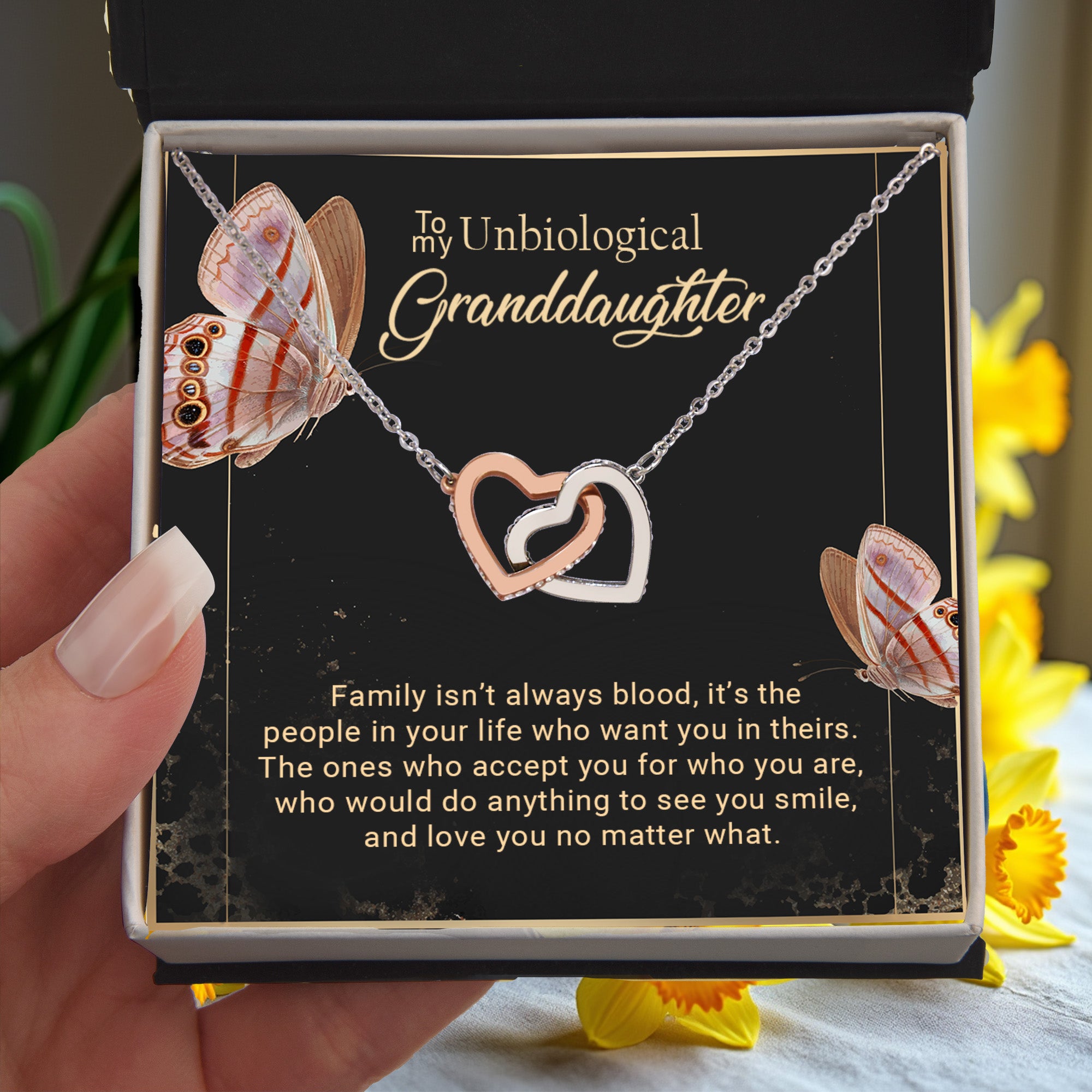 To My Unbiological Granddaughter Interlocking Hearts Necklace – Bonus Granddaughter Gift from Grandma – Blended Family Jewelry Gift for Birthday, Christmas & Just Because