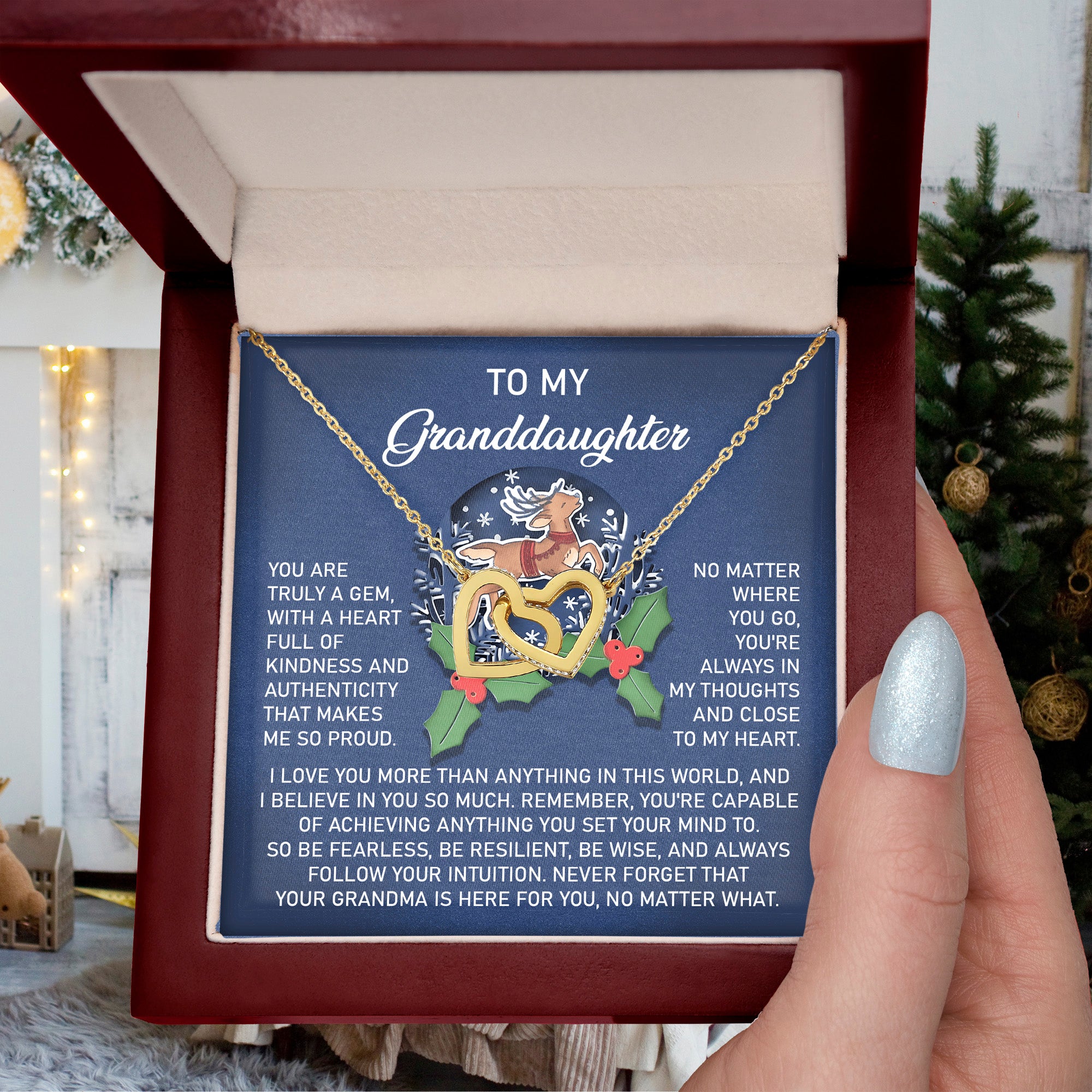 Christmas Granddaughter Interlocking Hearts Necklace – Holiday Gift from Grandma • Inspirational Message Card • Sentimental Keepsake Jewelry