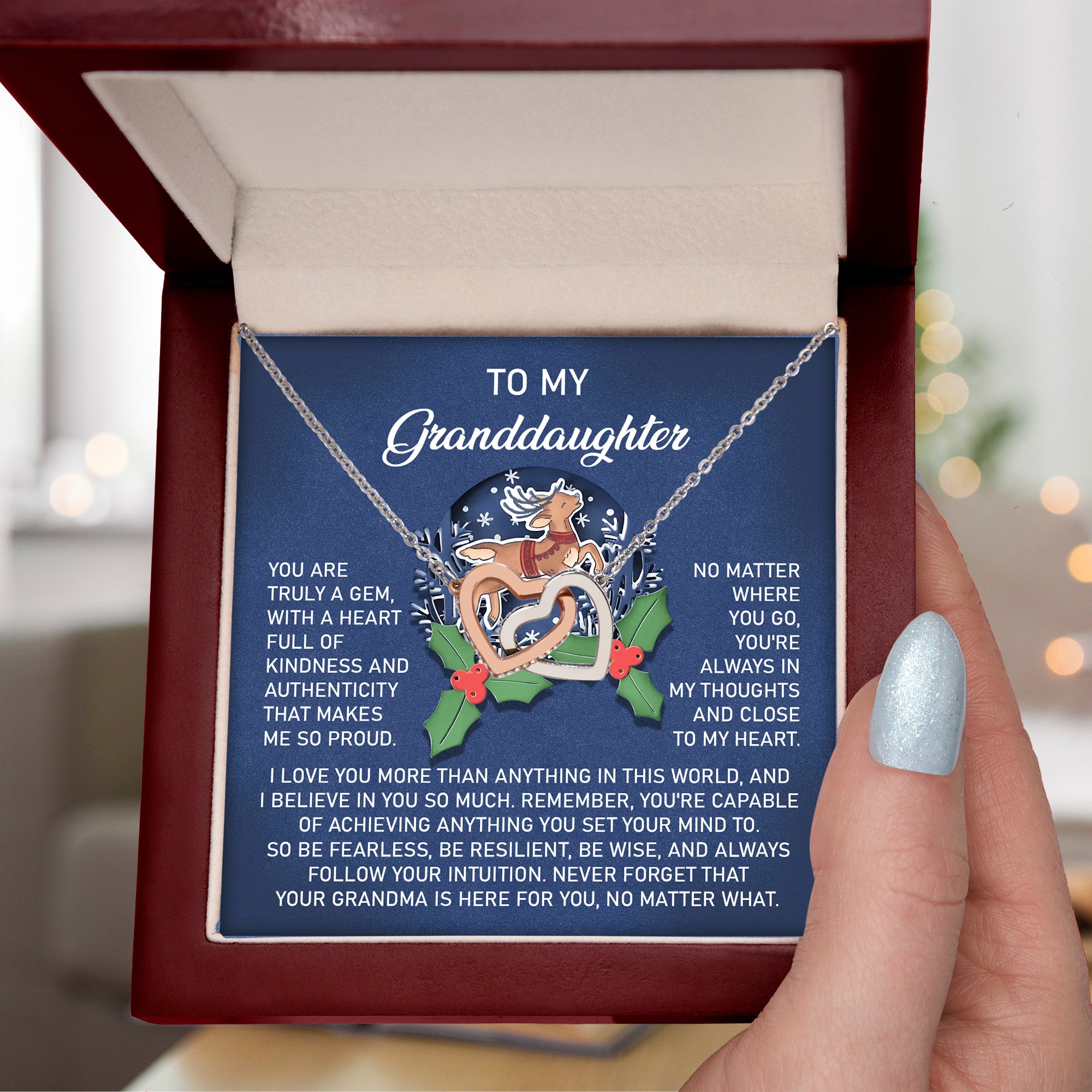 Christmas Granddaughter Interlocking Hearts Necklace – Holiday Gift from Grandma • Inspirational Message Card • Sentimental Keepsake Jewelry