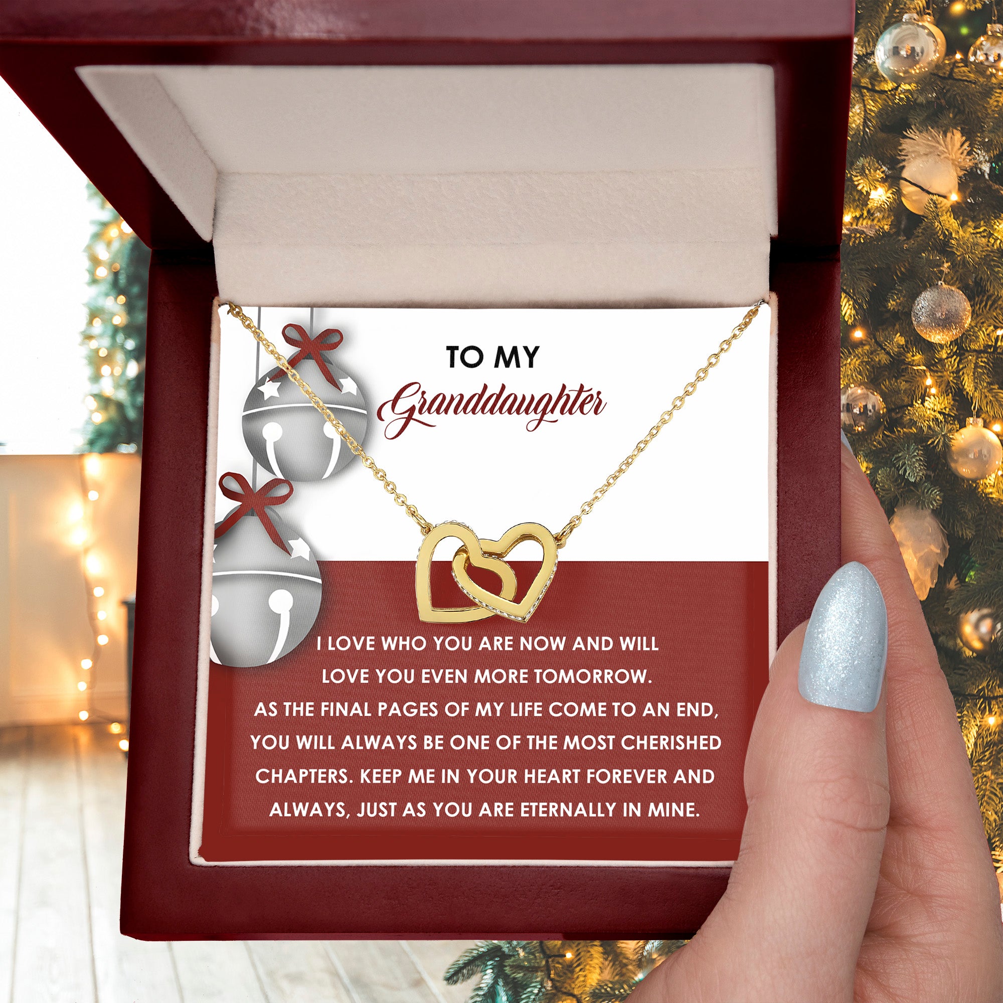 Granddaughter Christmas Interlocking Hearts Necklace – Emotional Holiday Gift from Grandma or Grandpa • Sentimental Message Card • Keepsake Jewelry
