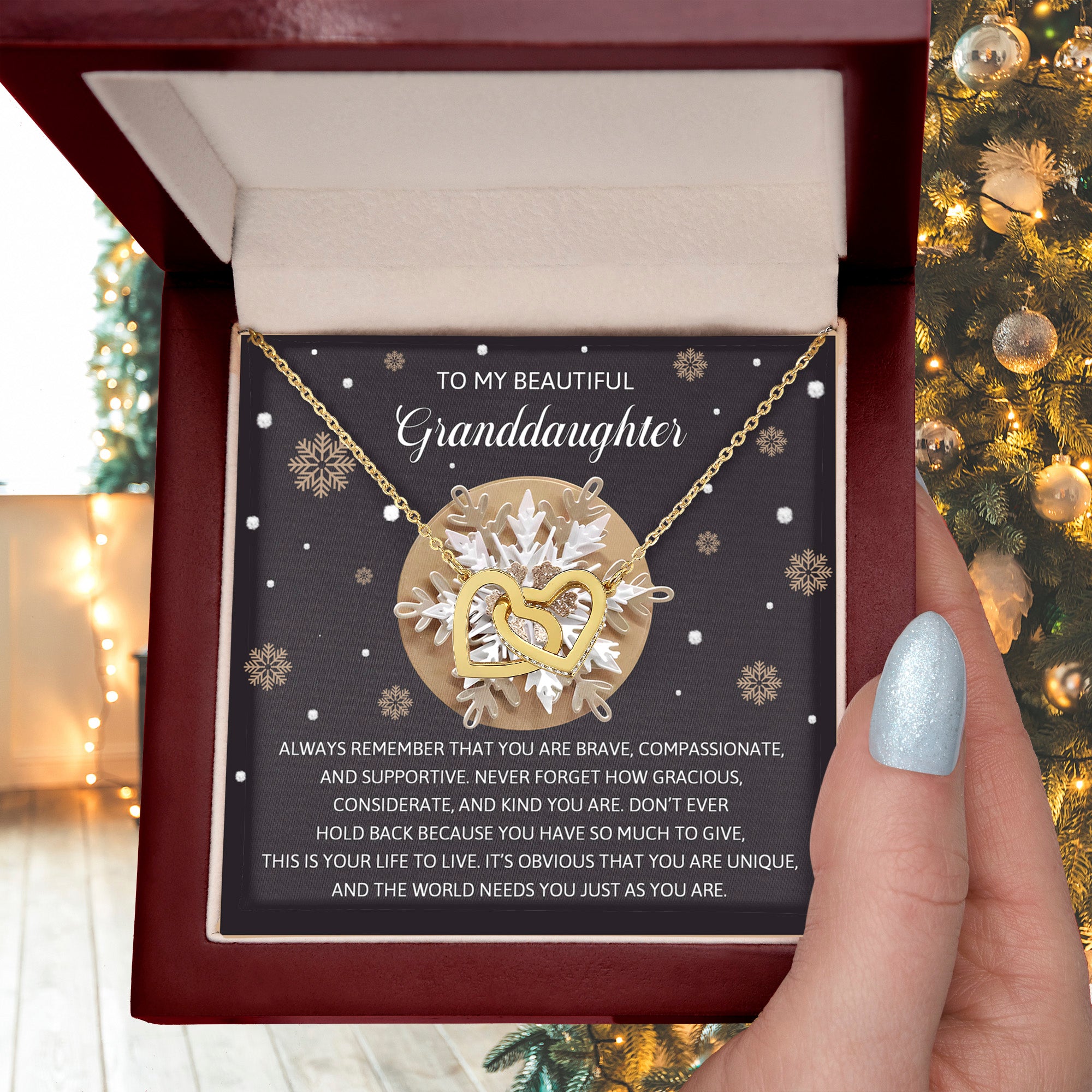 To My Beautiful Granddaughter Interlocking Hearts Necklace – Inspirational Granddaughter Gift from Grandma – Christmas Snowflake Jewelry Gift for Birthday & Holiday