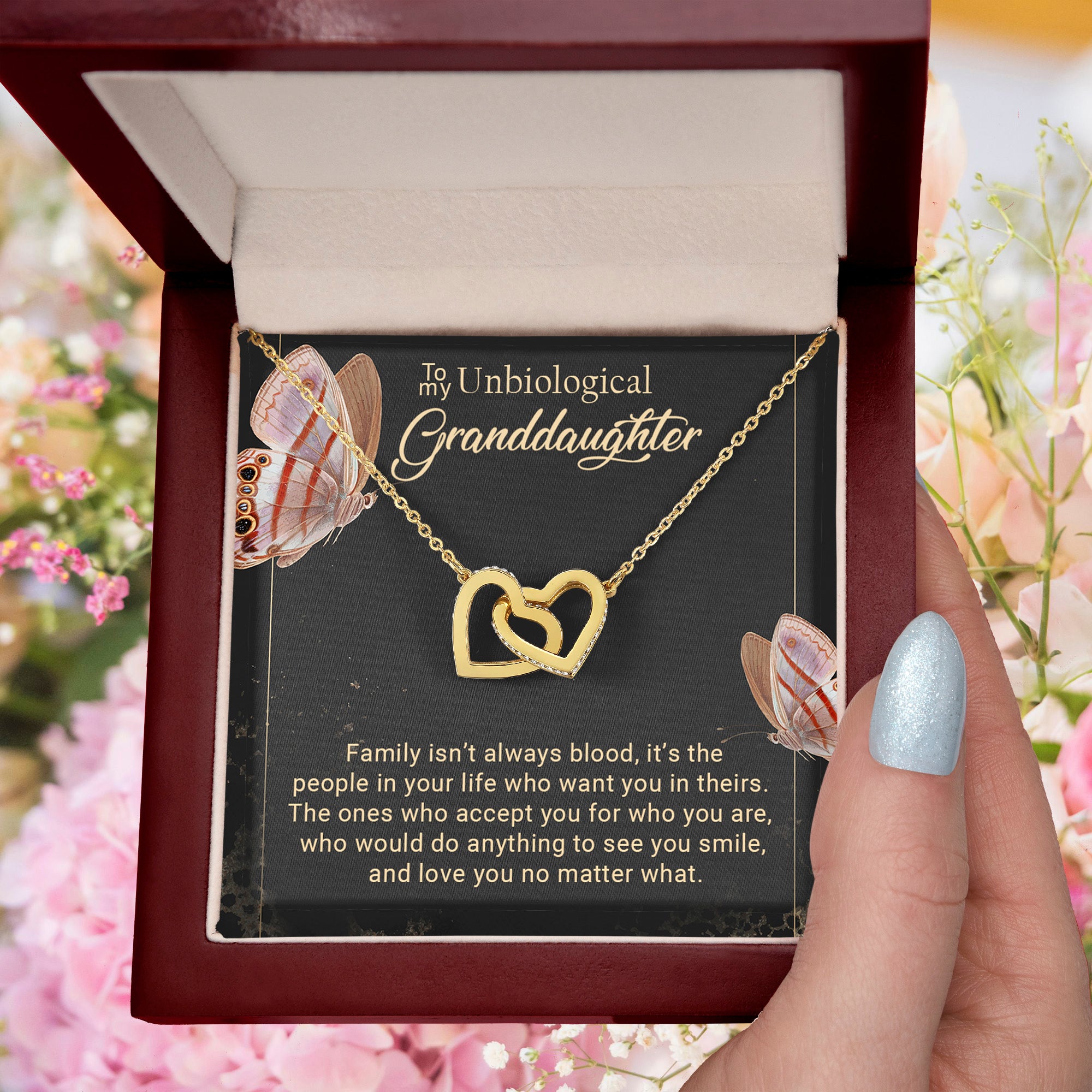 To My Unbiological Granddaughter Interlocking Hearts Necklace – Bonus Granddaughter Gift from Grandma – Blended Family Jewelry Gift for Birthday, Christmas & Just Because