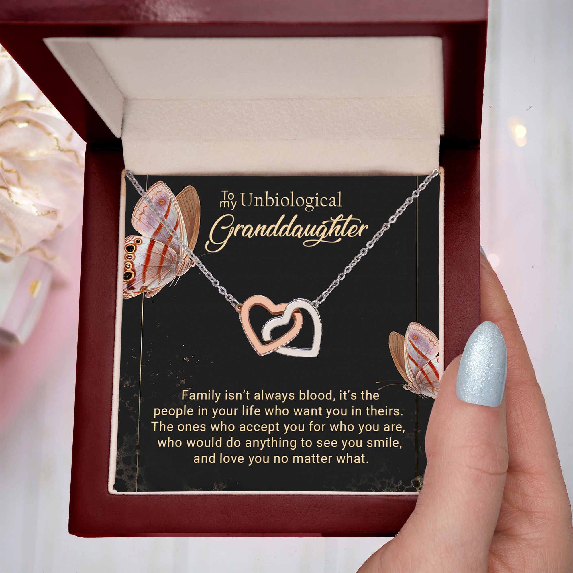 To My Unbiological Granddaughter Interlocking Hearts Necklace – Bonus Granddaughter Gift from Grandma – Blended Family Jewelry Gift for Birthday, Christmas & Just Because