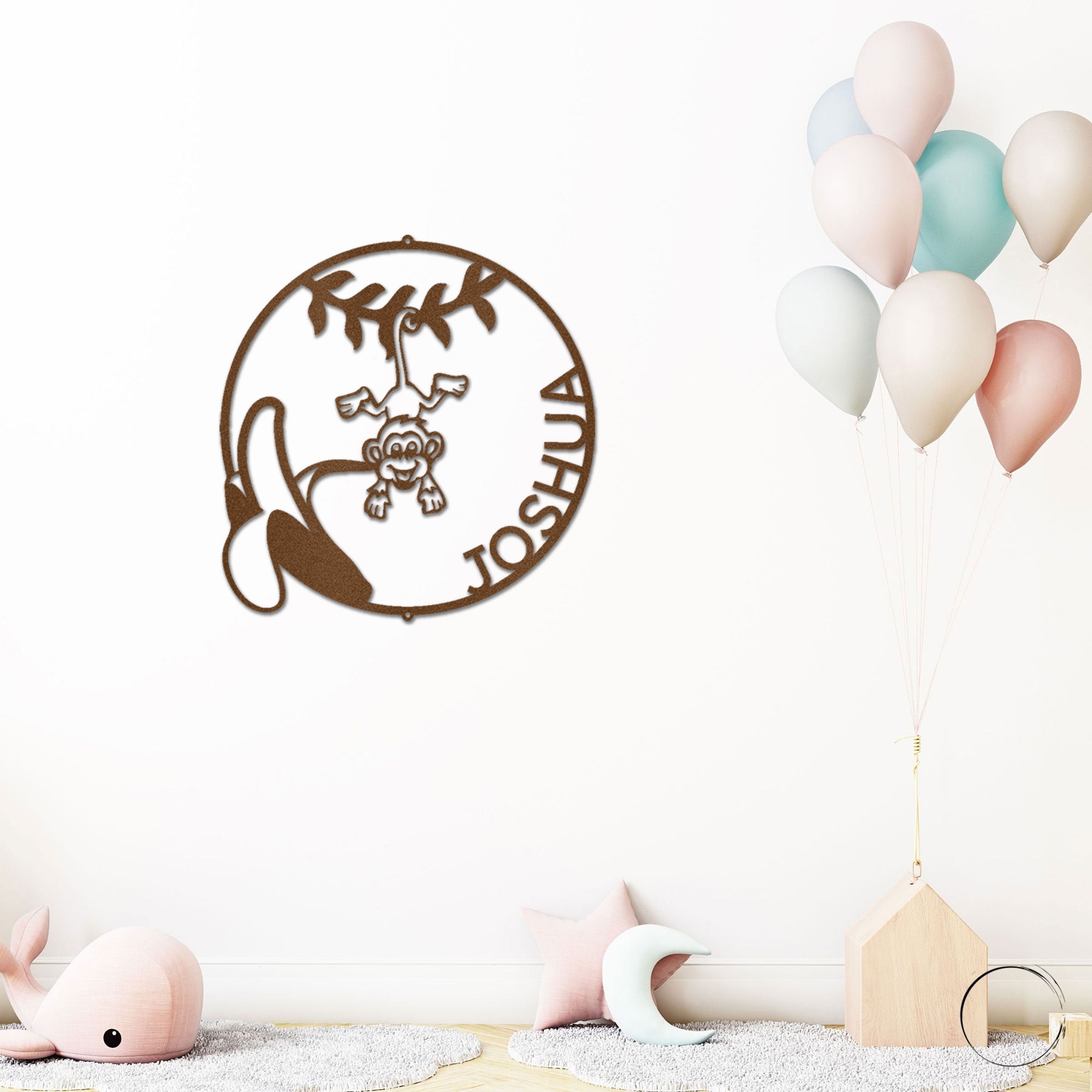Personalized Monkey Nursery Metal Wall Art – Custom Jungle Animal Name Sign – Banana Monkey Kids Room Decor – Baby Shower Gift