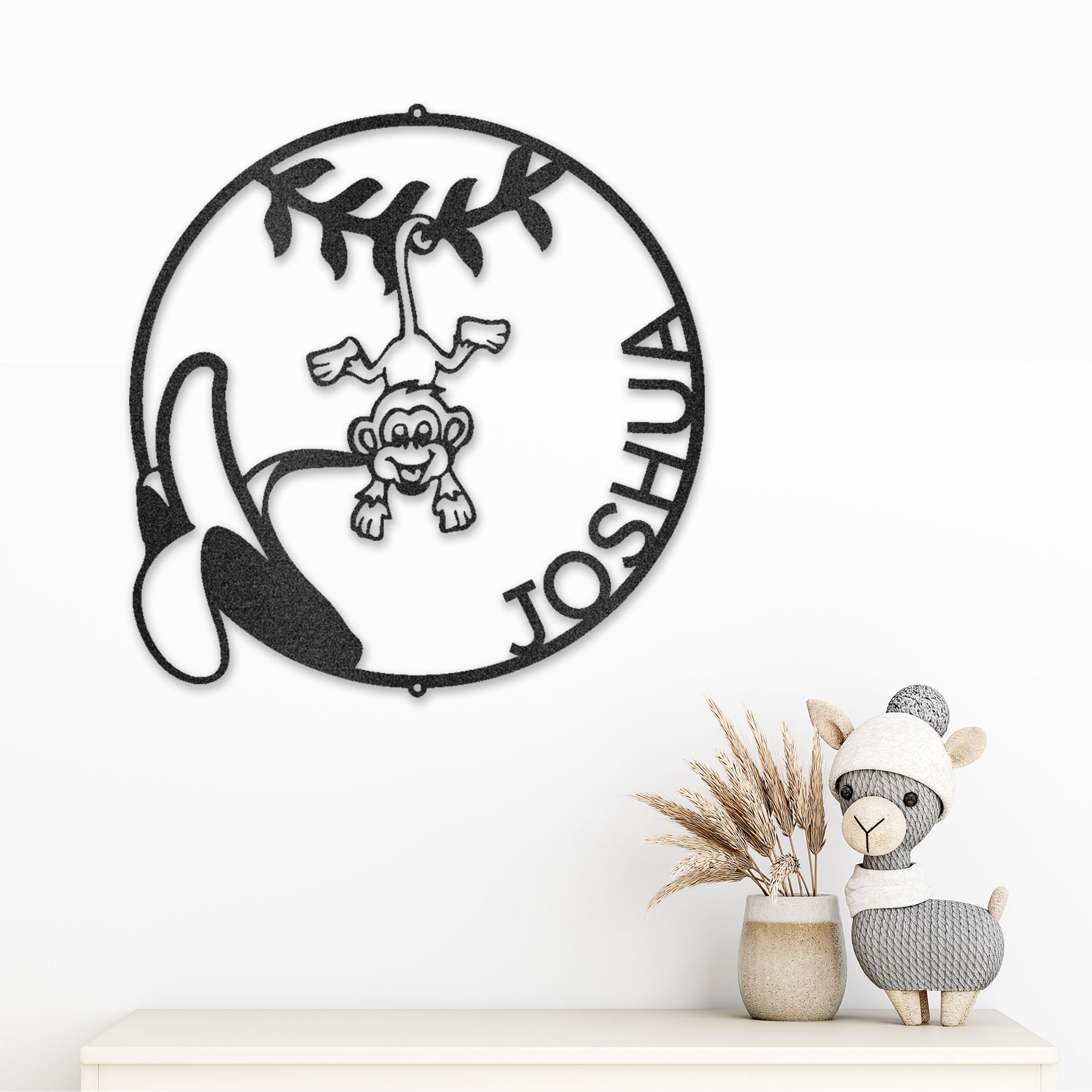 Personalized Monkey Nursery Metal Wall Art – Custom Jungle Animal Name Sign – Banana Monkey Kids Room Decor – Baby Shower Gift