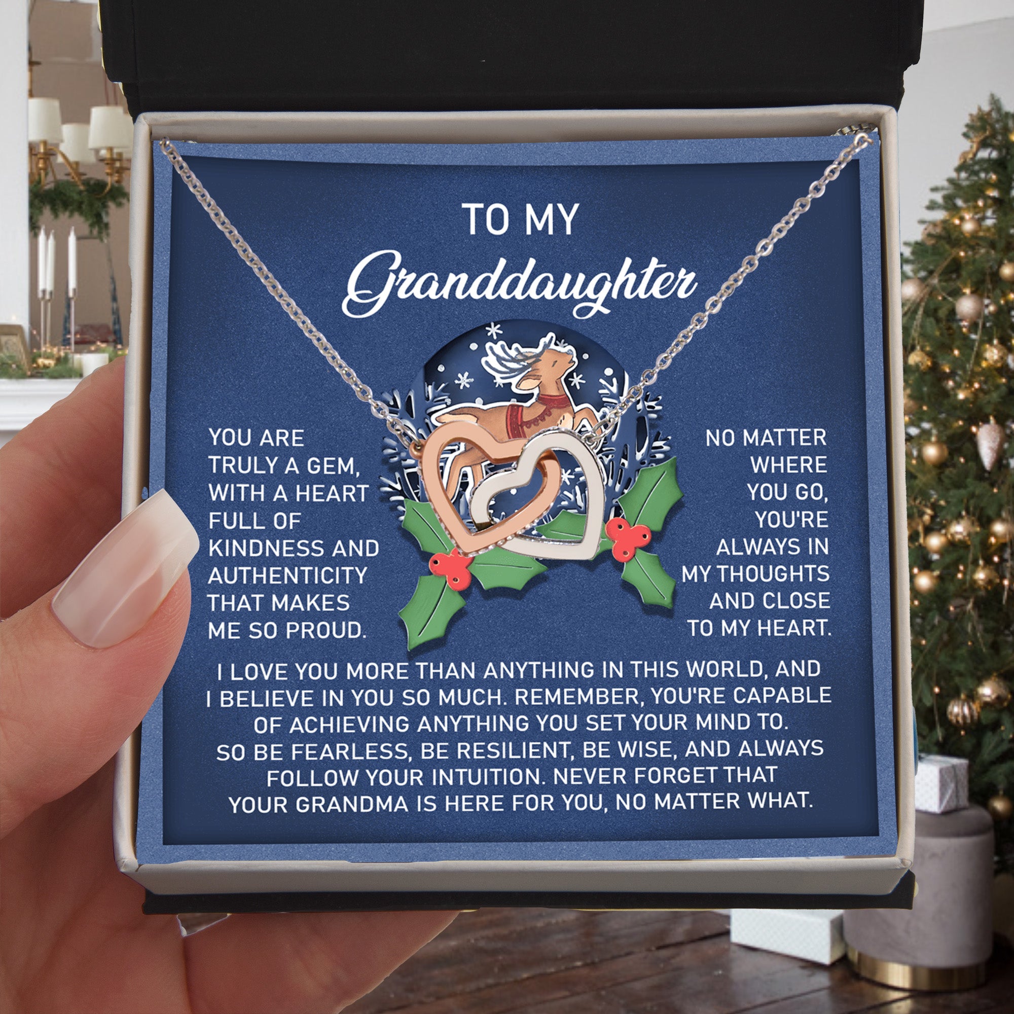 Christmas Granddaughter Interlocking Hearts Necklace – Holiday Gift from Grandma • Inspirational Message Card • Sentimental Keepsake Jewelry