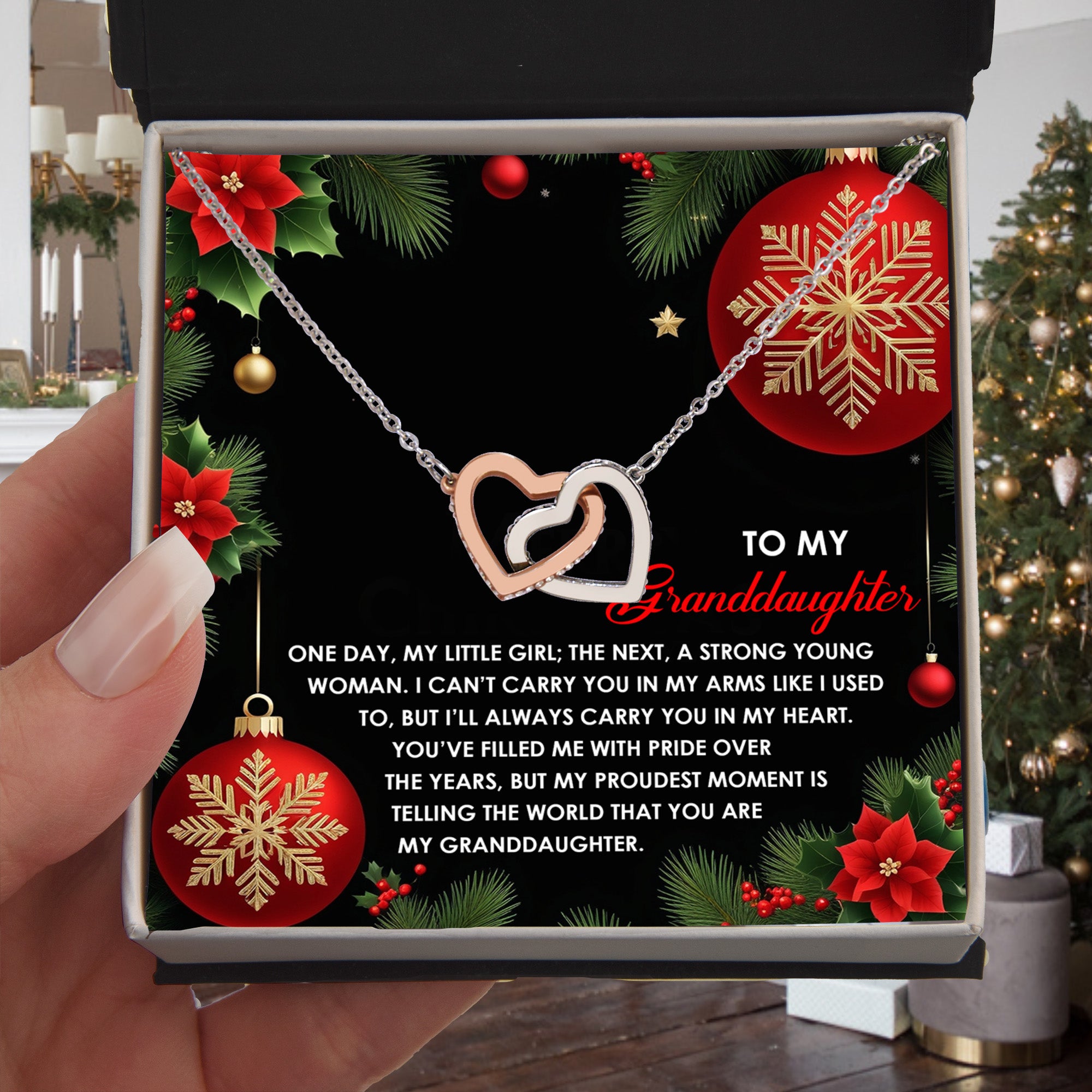 To My Granddaughter Christmas Interlocking Hearts Necklace – One Day My Little Girl Poem Gift from Grandma – Holiday Granddaughter Jewelry Keepsake