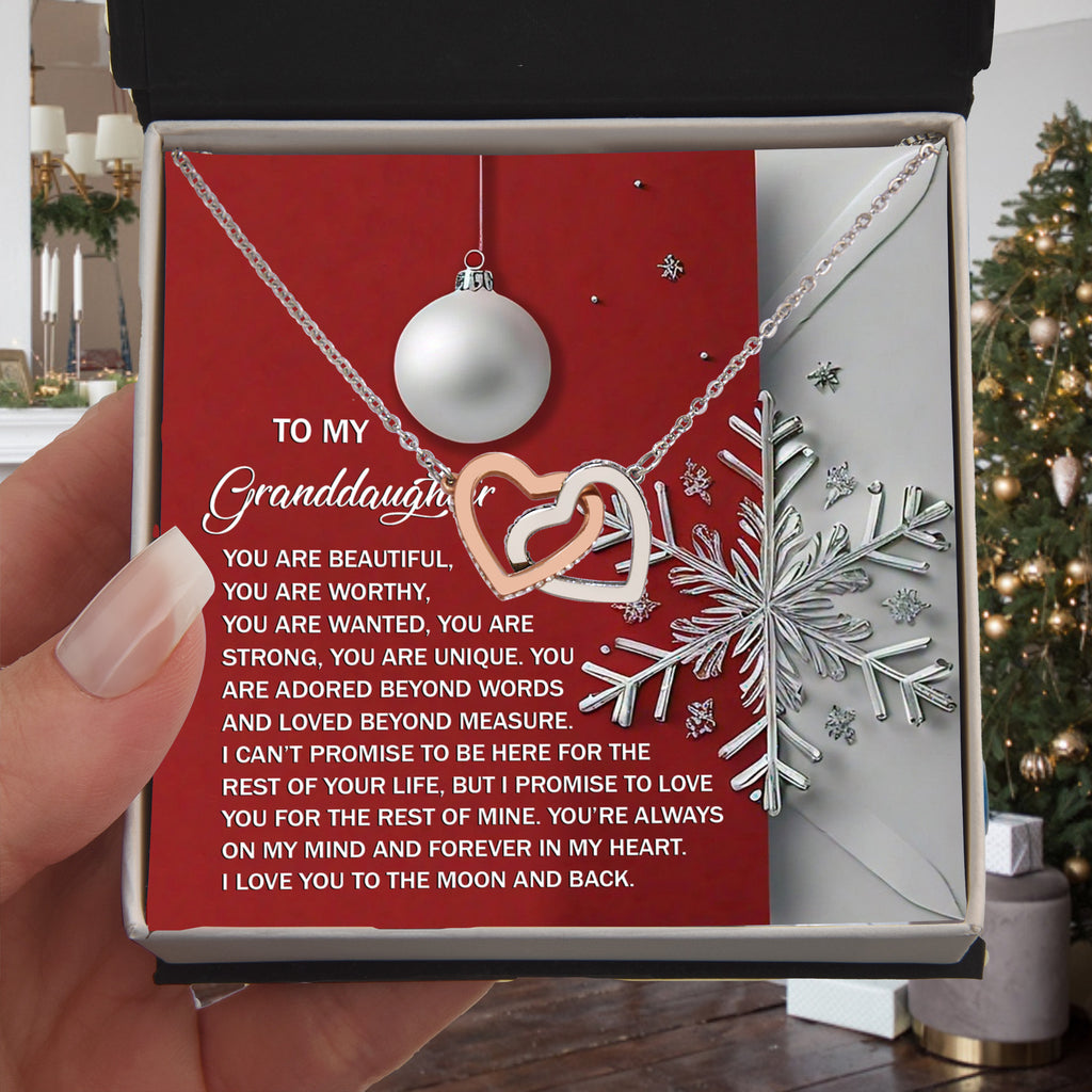To My Granddaughter Christmas Interlocking Hearts Necklace – Red Ornament Snowflake Gift from Grandma – Holiday Granddaughter Jewelry Gift for Christmas & Winter