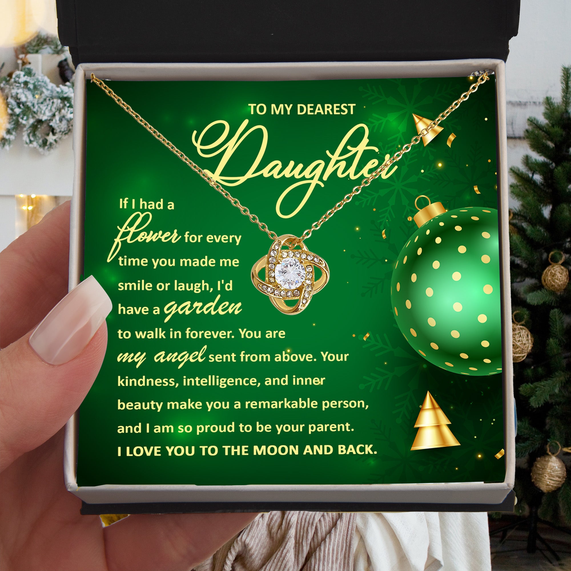 To My Dearest Daughter – My Angel, I Love You to the Moon and Back Christmas Necklace Gift