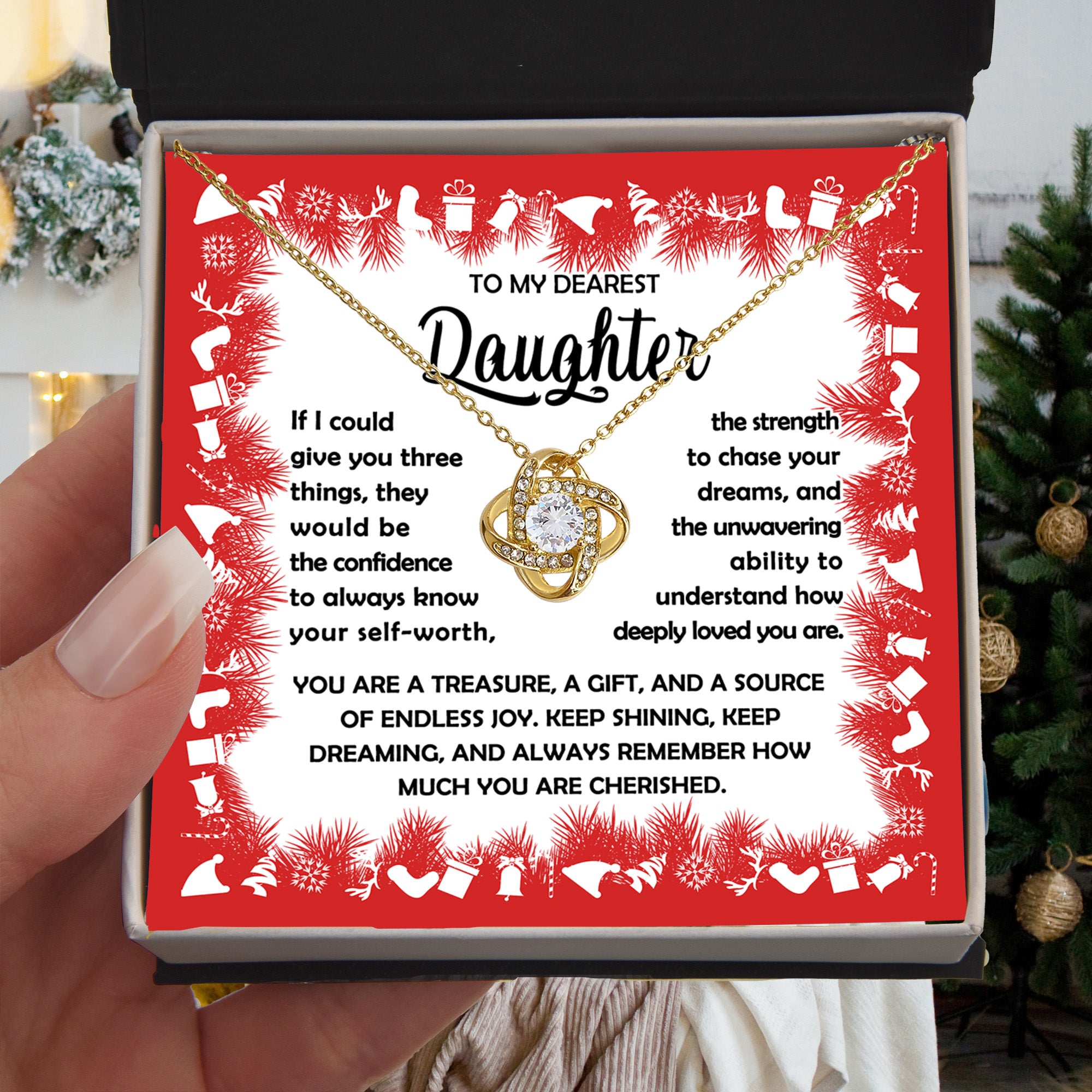 To My Dearest Daughter Necklace – Three Things I Wish for You – Confidence, Strength & Love Message Card Gift